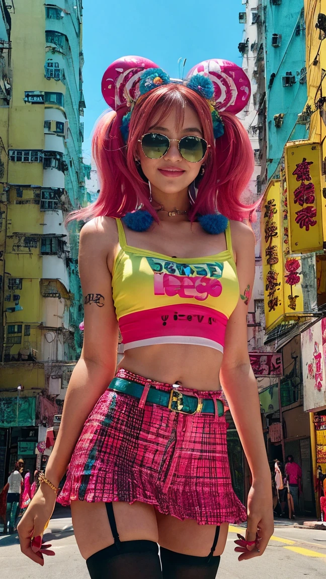 hong kong, day, ( low angle , view from below, low angle shot, exposed thighs, knee view shot) (Awkward,blush :1.3), Alafi girls take photos in colorful clothes, y 2 k cutecore crowncore, Lovely Decora Rainbow Core, Lovely high quality rendering, Candy Girl, Deco, Unreal Engine : : Carnival Makeup, Working Girl, raver girl, Carnival Costumes, Glitch Punk Girl, soda themed girl, Lively and cheerful, 80s pin-up style, 