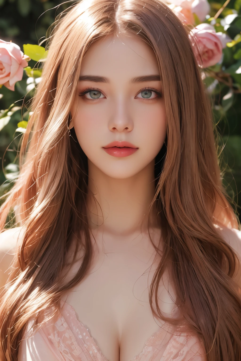 (absurdres, highres, ultra detailed), 1girl, mature female, layered pink hair, long hair, blunt bangs, green eyes, pink dress, finely detailed eyes and detailed face, extremely detailed CG unity 8k wallpaper, intricate details , kaleidoscopic imagery, symmetrical patterns, vibrant colors, geometric shapes, mesmerizing designs, optical illusions, dynamic composition , pantomime art, expressive body language, silent storytelling, evocative gestures, visual narratives, theatrical performances , blooming flowers, colorful petals, fragrant scents, nature's bounty, vibrant gardens, peaceful scenery