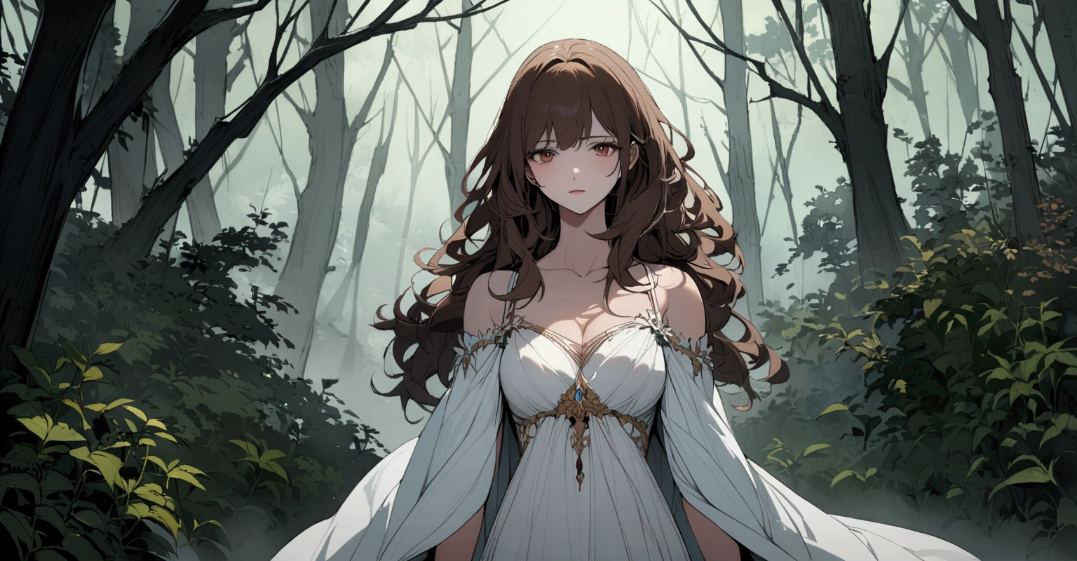 A very beautiful woman with brown hair wearing a low-cut white dress, Scenarios: She is in a sinister forest in the middle of the fog