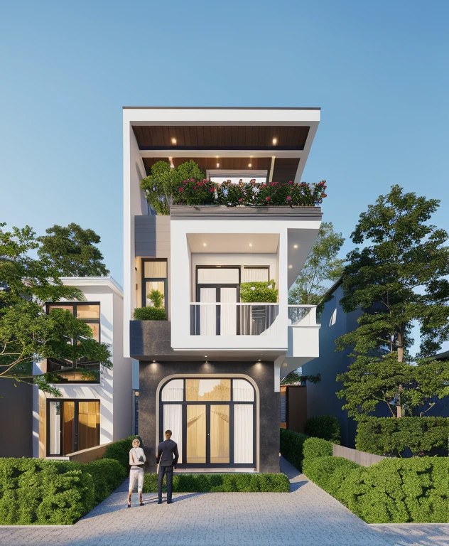 PLATFORM KTHOUSE, 1 morden villa,1large yard, 1 road runs in front of the house, (RAW photo, real, best quality, masterpiece:1.2), look morden minimalist, 1 road in front of the house, dynamic lighting:1.3, (hyper realistic, photo-realistic:1.2), high quality, (dark lighting:1.2), perfect lighting, archdaily, no human, light at 12 noon, light in door:1.2