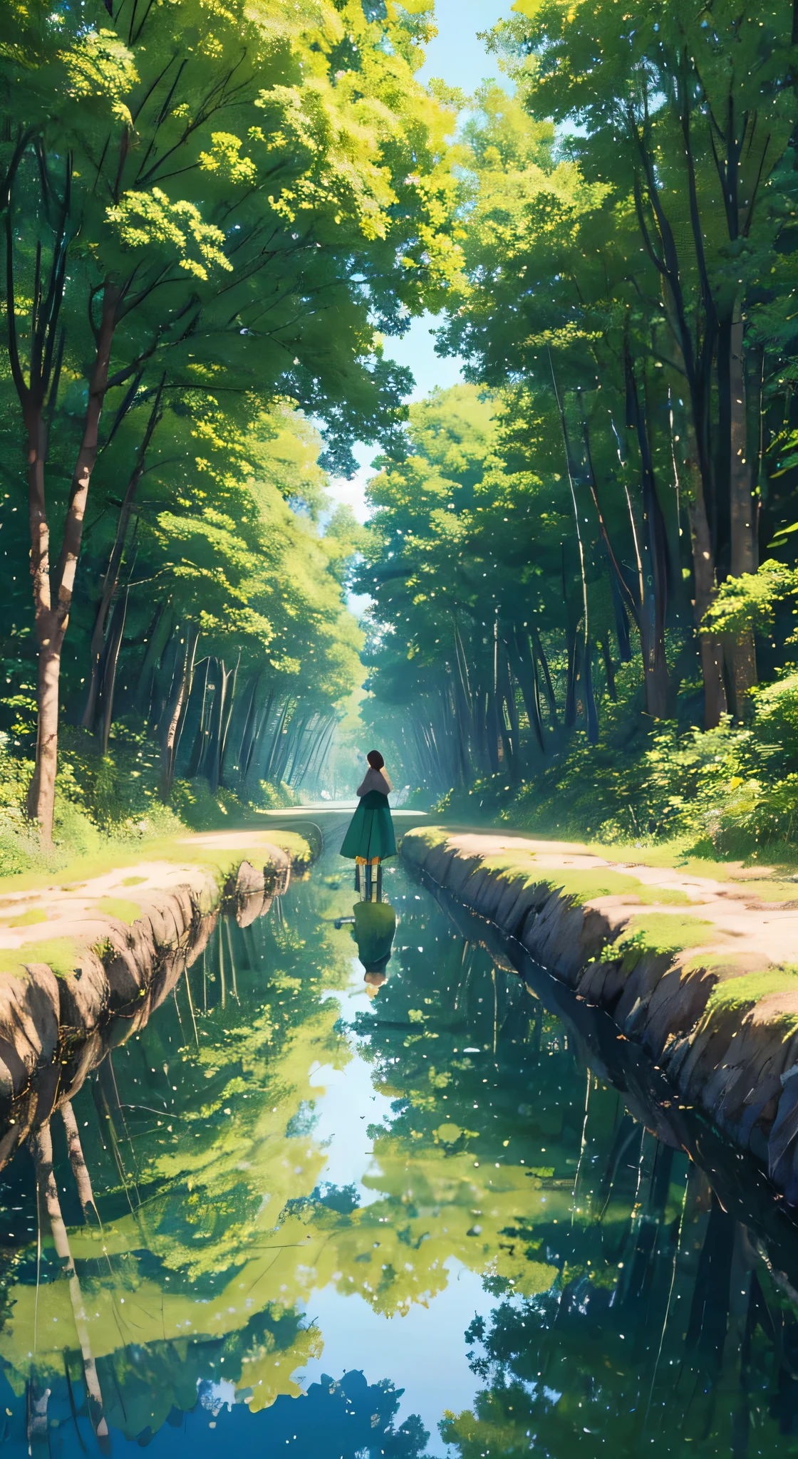 4K,Every green空 carries the promise of a new dawn, Paving the way for a beautiful beginning,Beautiful nature paintings. green,green空, green、A woman is reflected in the photo.、Back view
