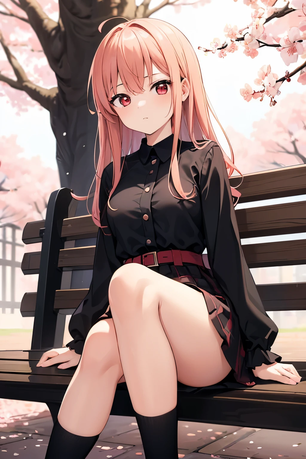 (masterpiece:1.2, Highest quality),(Anime Style),
girl,Blood red eyes,Narrow eyes,light peach-colored hair,cool,
Black checkered dress,Long sleeve,Sitting on a bench,Cherry blossom trees