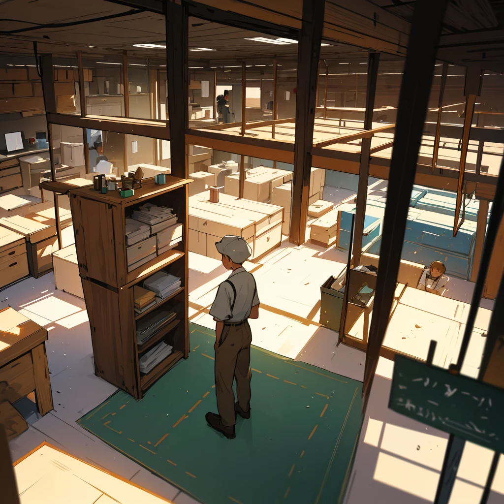 A view of a larger, well-organized workshop, now filled with several workers crafting furniture under young boy guidance. Young boy stands in the center, directing his team with a confident yet humble expression. His clothes are slightly upgraded, showing subtle signs of prosperity, though still practical. The workshop is bustling with activity, and the mood is one of growth and accomplishment