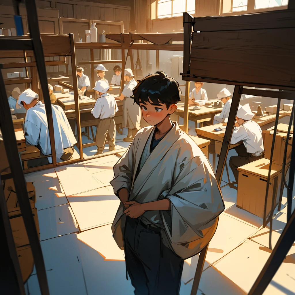 A view of a larger, well-organized workshop, now filled with several workers crafting furniture under young boy guidance. Young boy stands in the center, directing his team with a confident yet humble expression. His clothes are slightly upgraded, showing subtle signs of prosperity, though still practical. The workshop is bustling with activity, and the mood is one of growth and accomplishment