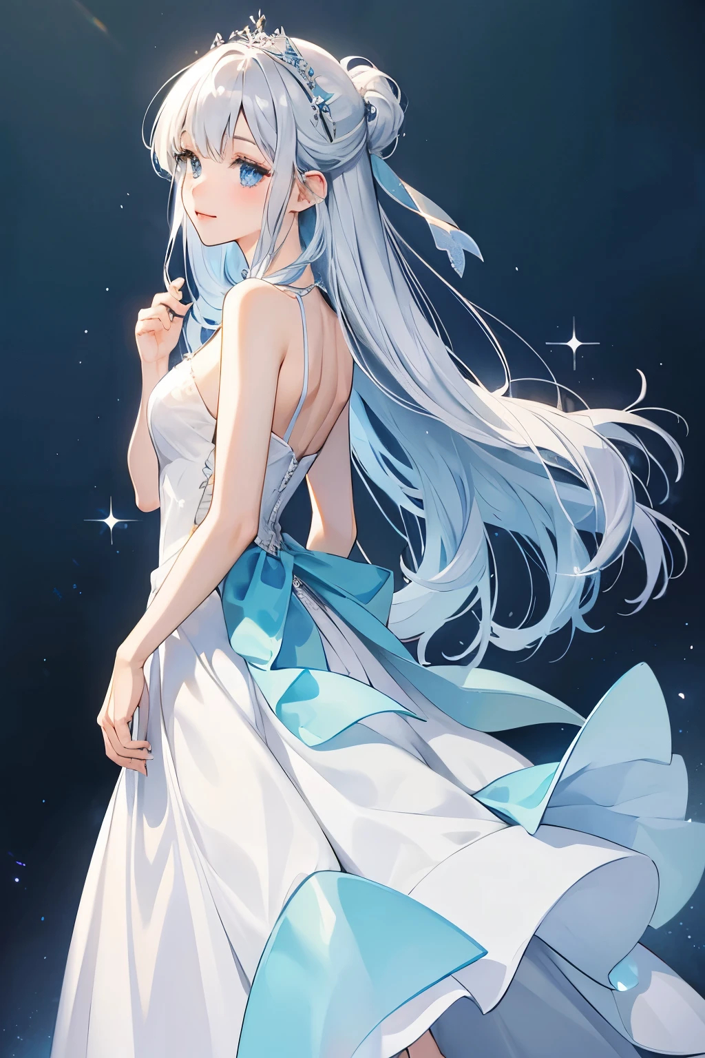 blue with white fins. long dress simple dress wedding silver hair SPARKLE; GLITTER
