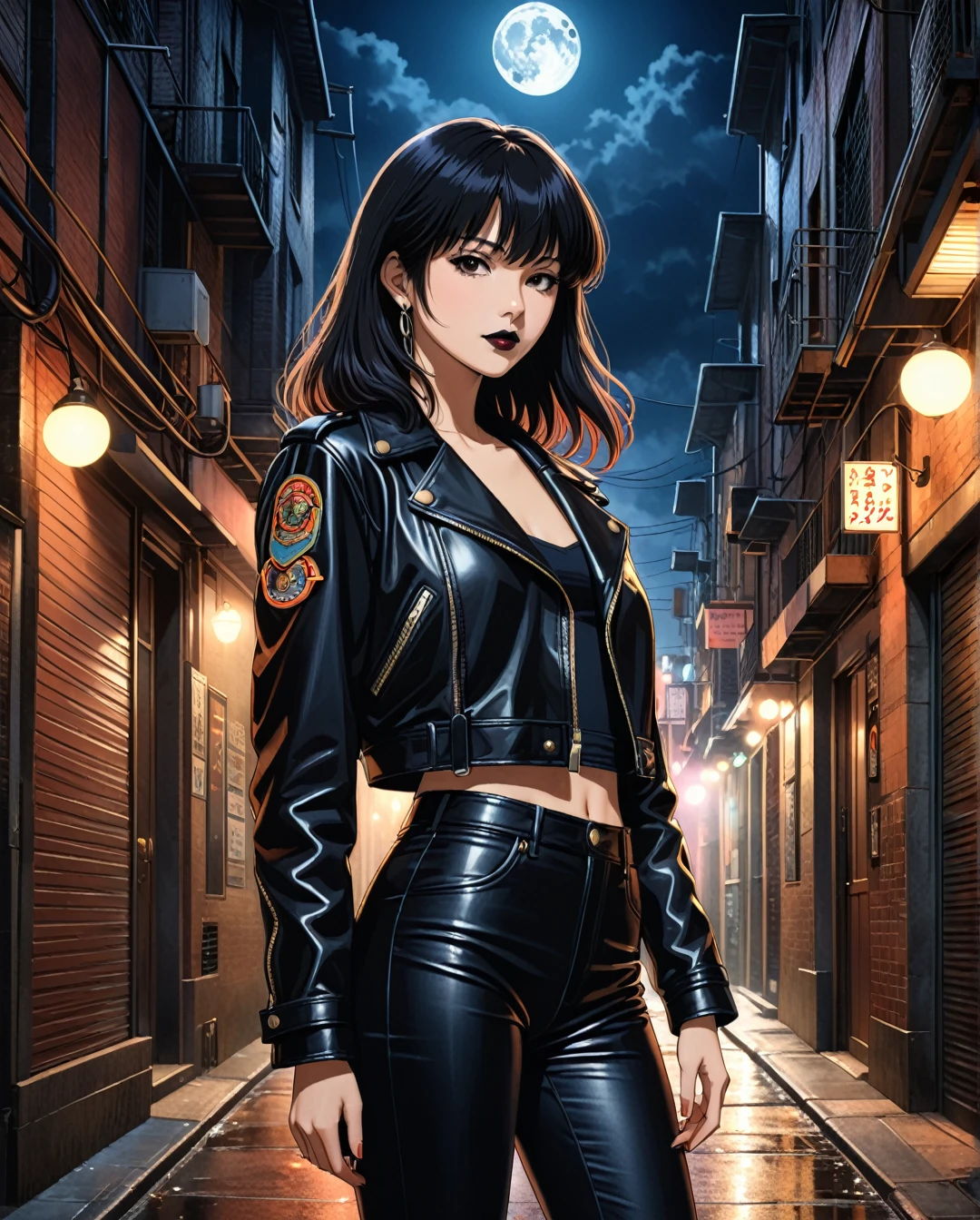 in style of Alex Howitt,in style of Santiago Caruso,
Masterpiece, photorealistic, highly detailed, a young woman with smooth dark long black hair with bangs and black eyes and black lips, wearing leather jacket and leather pants, standing, looking at camera, in a gloomy smoke filled alley at night with a full moon, BREAK, Art style by Yoshiaki Kawajiri and Tsukasa Hojo and Toshihiro Kawamoto - -intricately detailed face - -80s and 90s anime still - -1980s retro anime - -1980s and 1990s anime retro nostalgia -highly detailed profile BREAK, ARISTYLE4, Soft Pastel -depth of field, Cinematic Angles, Dynamic angles, (((masterpiece))), perfect face, ((full body shot)),