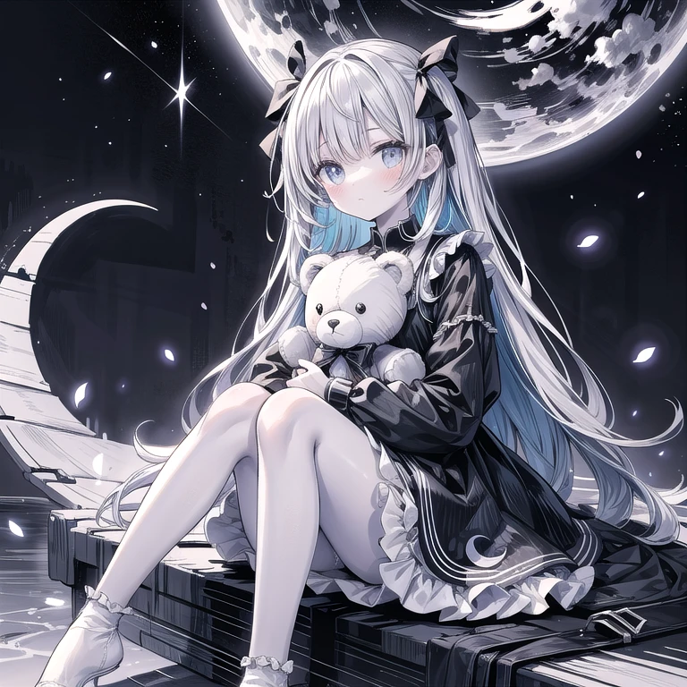 Monochrome illustration of adorable girl with vibrant colored eyes. Soft, fluffy hair with ribbons. Wearing frilly dress, holding oversized teddy bear. Sitting on crescent moon, starry night background. Dreamy expression, rosy cheeks. Delicate linework, subtle shading. Whimsical, ethereal atmosphere.