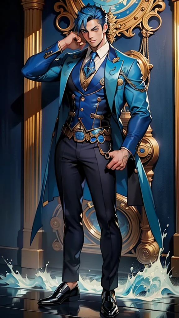 masterpiece, Best Quality, painting of ((a strikingly handsome and muscular man with short vibrant blue hair and captivating blue eyes.)), dressed in an intricate dark blue suit, vest, inspired by water, steampunk, exuding confidence, depicted in a dynamic full body pose.