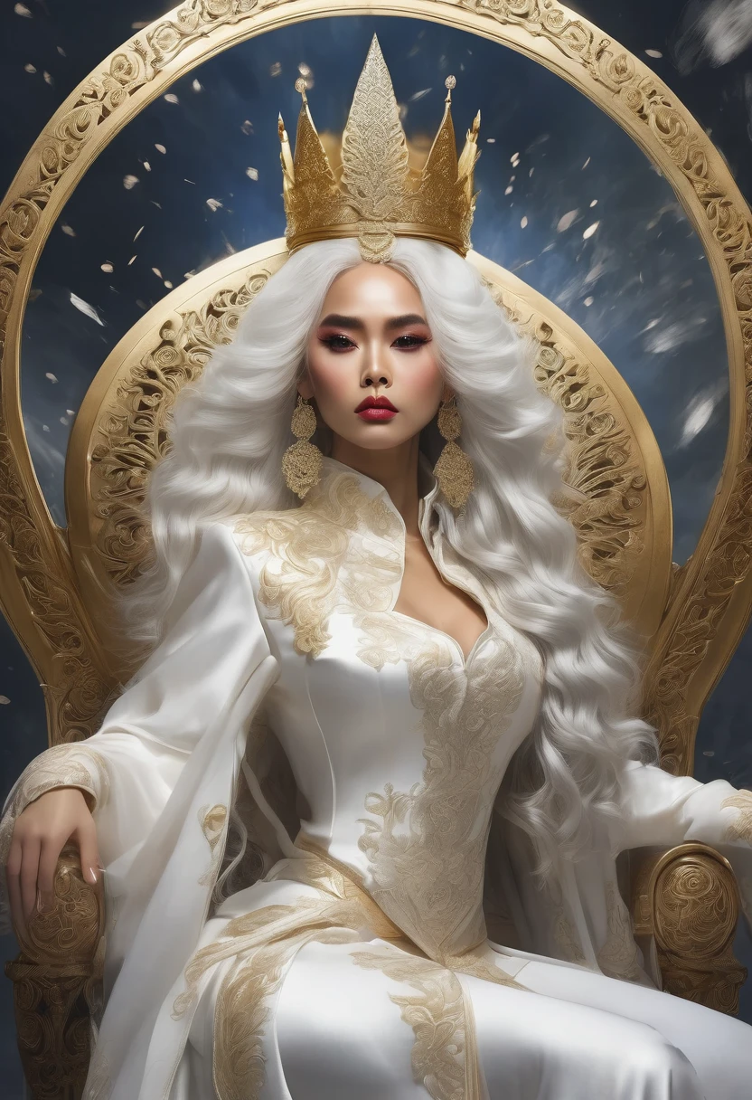 A woman dressed like a queen in a modern-day kingdom, she sits on a throne while holding a luxurious umbrella that has an aura of power, has long white hair, wears a gold crown.