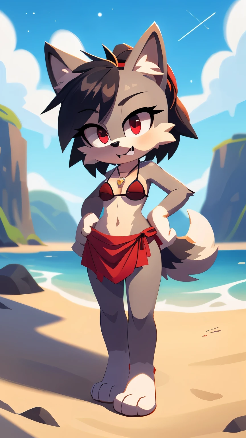 Score_9,score_8_up,score_7_up, source_cartoon, source_furry, Mobian, wolf, black hair, emo hairstyle, long ponytail, red eyes, two tone body fur, gray body fur, white body fur, full body, feets with three toes, 3 toes, female, fangs, ((deep red bikini ruffled triangle, high cut bottom, star necklace, deep red sarong on hips)), (small breasts), detailed body fur, detailed eyes, detailed face, gorgeous body, :3, beach, clear sky,