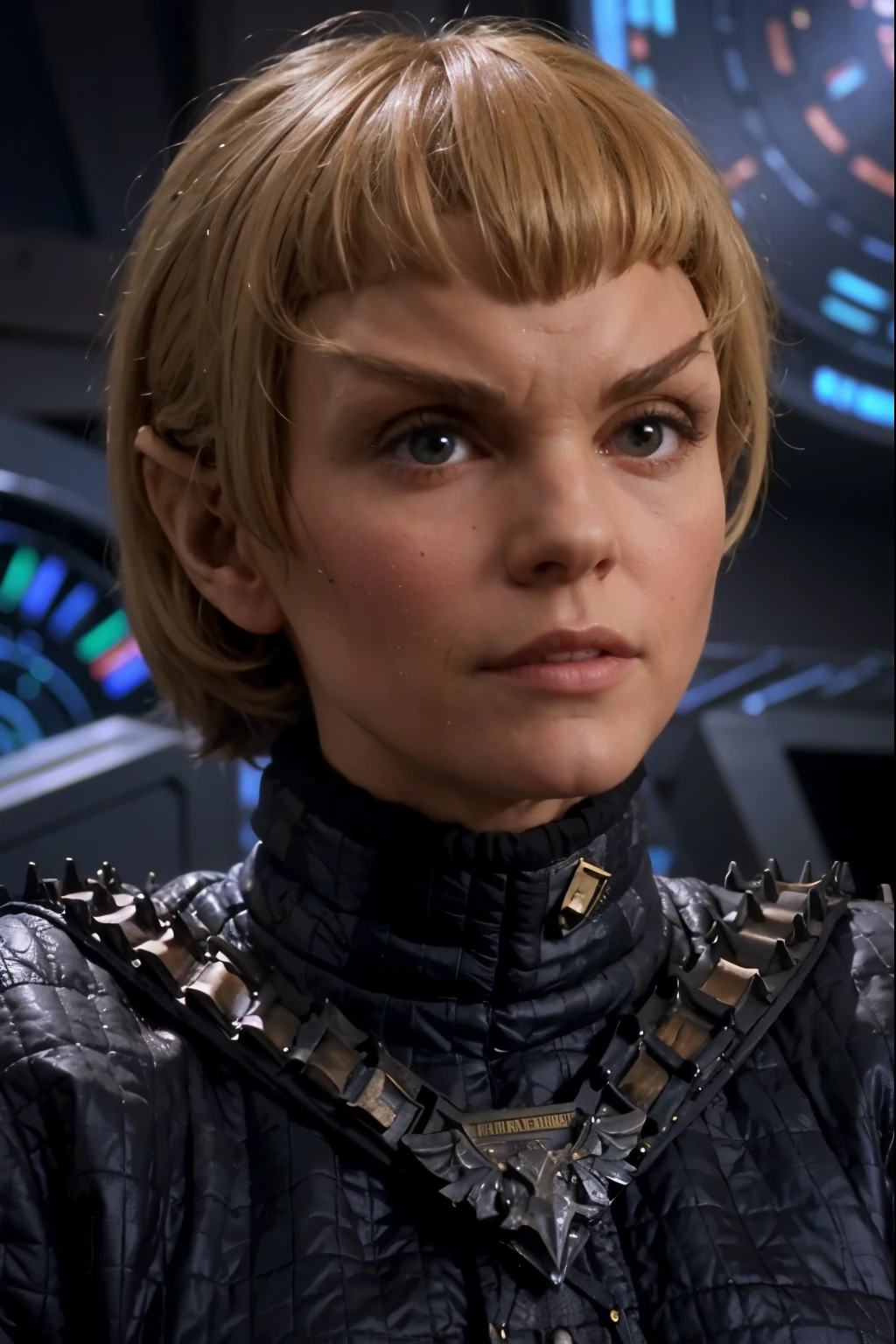 headshot of a romulan woman, triangle bangs, pointy ears, pointy eyebrows, forehead ridge, blonde hair, padded armor, spikes, sci-fi starship background,  