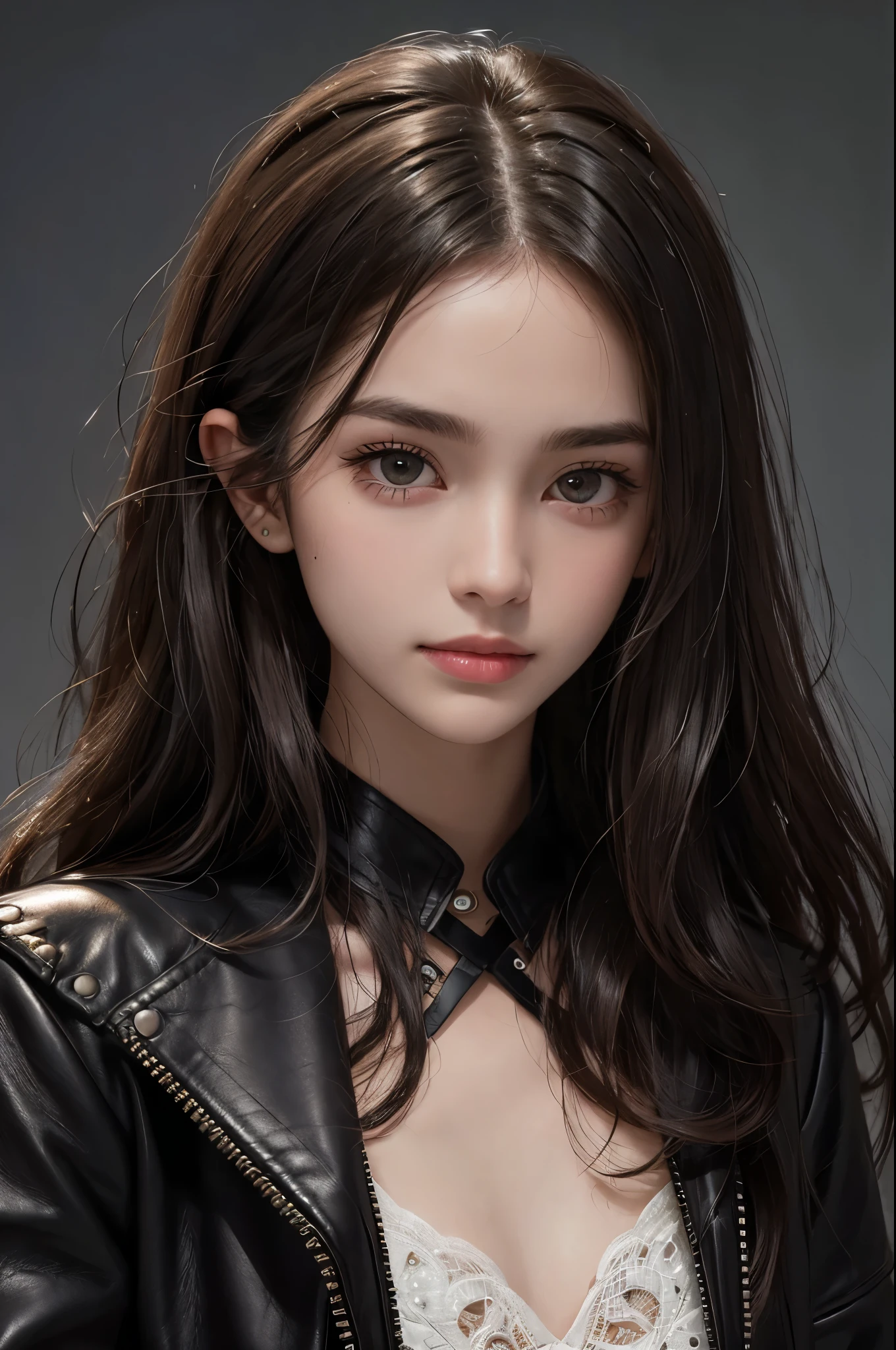 Black leather jacket, Brush your hair back, Focus on the face, Cowboy Shot, Very detailed, 21 years old, Innocent face, Naturally Wavy Hair, High resolution, masterpiece, 最high quality, Intricate details, Very detailed, Clear focus, Delicate skin, practical skin texture, texture, Delicate eyes, Professional, 4K, Cute Smile, Shot with Canon, 85mm, Shallow and deep, Kodak Vision Color, that&#39;s right, Very detailedな, photograph_\(Extremist\), photographpractical, practical, Post-processing, Maximum details, Roughness, Real Life, Extremist practical, Photorealism, photographgraphy, 8kウルトラHD, photographgraphy, (最high quality、Tabletop、8k、Best image quality、Award-winning works)、(Red eyeshadow:1.2)、Perfect Makeup、Long eyelashes、超高精細のShine目、Ultra HD Hair、ultra High resolution glossy lips、Super High resolution perfect teeth、Super High resolution cute face、Black Hair、(Very short straight hair:1.1)、Look at me and smile、[clavicle]、Accurate anatomy、With bangs、超High resolutionのShine肌、The most detailed face、Ultra High resolution detailed faces、ultra High resolution hair、Fashion Model, Age 25, Perfect Eyes, Perfect Iris, Perfect Lips, Perfect Teeth, Perfect Skin, Soft Front Light, Shine, High resolution, (Soft colors: 1.2), 最high quality, a photographrealistic portrait of a stunningly beautiful woman without make-up, Very detailedな light hazel eyes, Symmetric, Realistically detailed face, Very detailedな natural texture, Peach fuzz, Messy Hair, masterpiece, Absurd, award winning photograph by lee jeffries, nikon d850 film stock photographgraph, Kodak Portra 400 Camera F1.6 Lenses, Very detailedな, wonderful, Finer details, Rich colors, hyper realistic lifelike texture, Dramatic lighting, Unreal Engine, Talked about at the art station, Cinestill 800 Tungsten, Looking at the audience, photograph realistic, RAW photograph, Tanveer Tamim, high quality, High resolution, Sharp focus, Very detailedな, Cinema Lighting, 8k uhd, Kneel, 