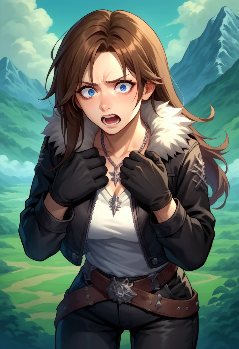score_9, score_8_up, score_7_up, 1girl, solo, female focus, squall, necklace, brown hair, long hair, gloves, white shirt, blue eyes, shirt, black gloves, jacket, black jacket, fur trim jacket, black pants, belt, scar, diagonal scar, scar on face, hands on own chest,parted bangs, sweathing, shaking,leaning forward, shocked face, scared, screaming, stiff hands, standing, looking down, landscape,