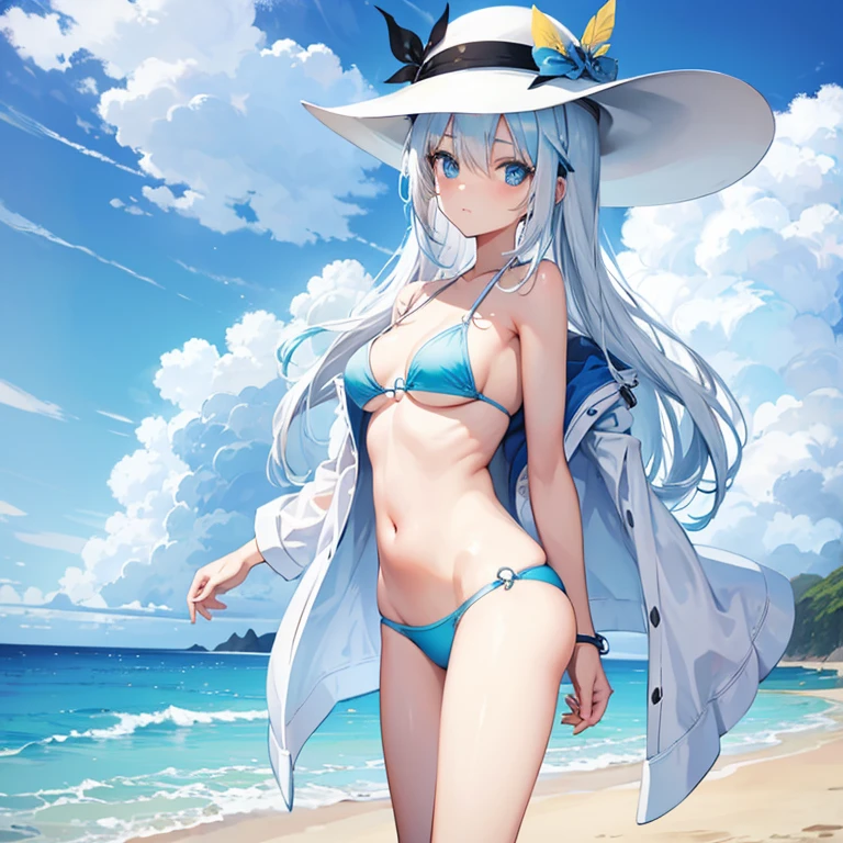 One girl, White hair with blue tips, light blue eyes, small, young, beach, bikini, hat