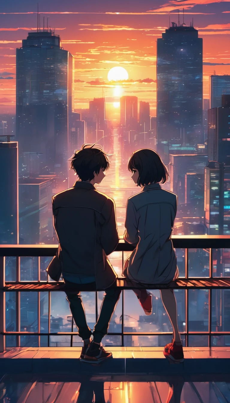 anime couple sitting on a balcony watching the sunset, watching the sun set. anime, lofi artstyle, anime background art, anime style cityscape, beautiful anime scene, lofi art, in style of makoto shinkai, 4 k manga wallpaper, makoto shinkai cyril rolando, hd anime cityscape, ilya kuvshinov landscape, 4k anime wallpaper