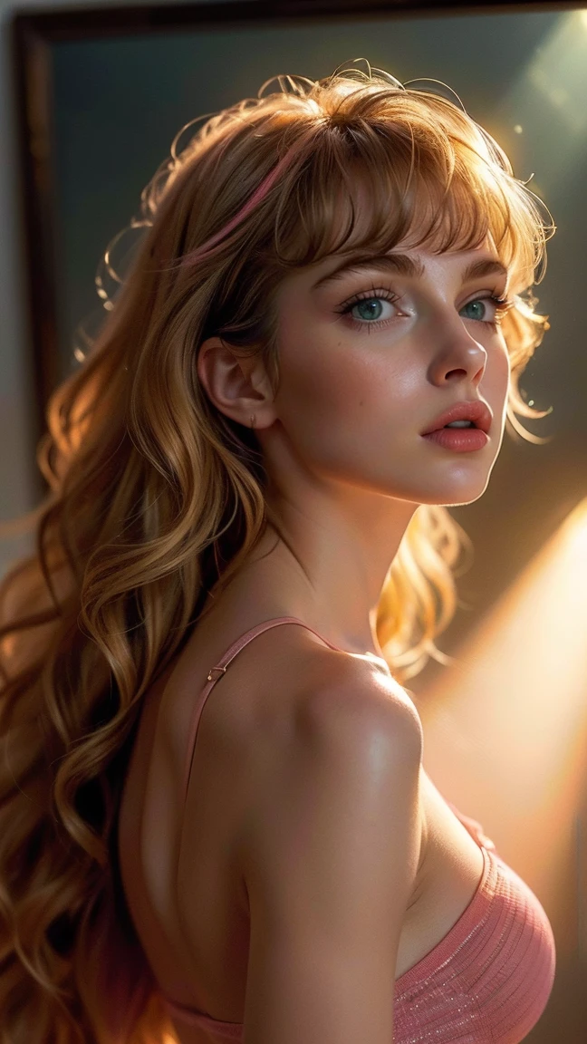 (((ultra realistic))) Photo, masterpiece, top quality, (pale skin), (ultra detailed face and eyes:1.3), 1 girl, adult, In Lifchik, ((Eye makeup, pink mascara)), ((large detailed lips)), ((pink wavy hair)), ((Bangs)) , (natural breasts), thin waist. ((posing)), photoshoot, Studio (contour lighting), (The play of light and shadows), depth of field, hips, (special attention to leather details: 1.2), detailed skin texture, skin pores. (Light atmosphere of the frame. The color scheme is delicate., Bright, yellow tones), DR, ((granularity)), ((rays)), (glare), ((Photo from the back)) , Ultra detailed,