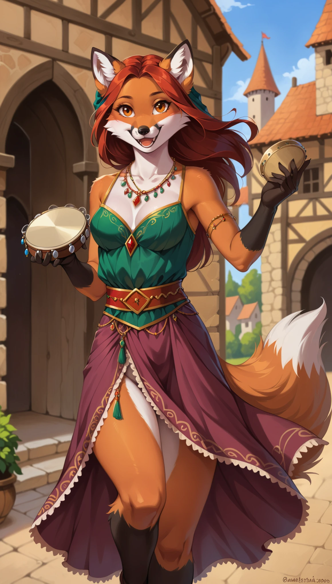 (1girl, female, solo, Red Fox), (athletics, Happy face), 
(Dungeons and Dragons, character, Dancer), 
(medieval Dancer Gypsy Dress, shawl, medieval Gypsy Jewelry), (holding object, holding tambourine), 
fair background, 
(Top quality, masterpiece, high resolution, hi res, absurd res), (correct hands, detailed hands)