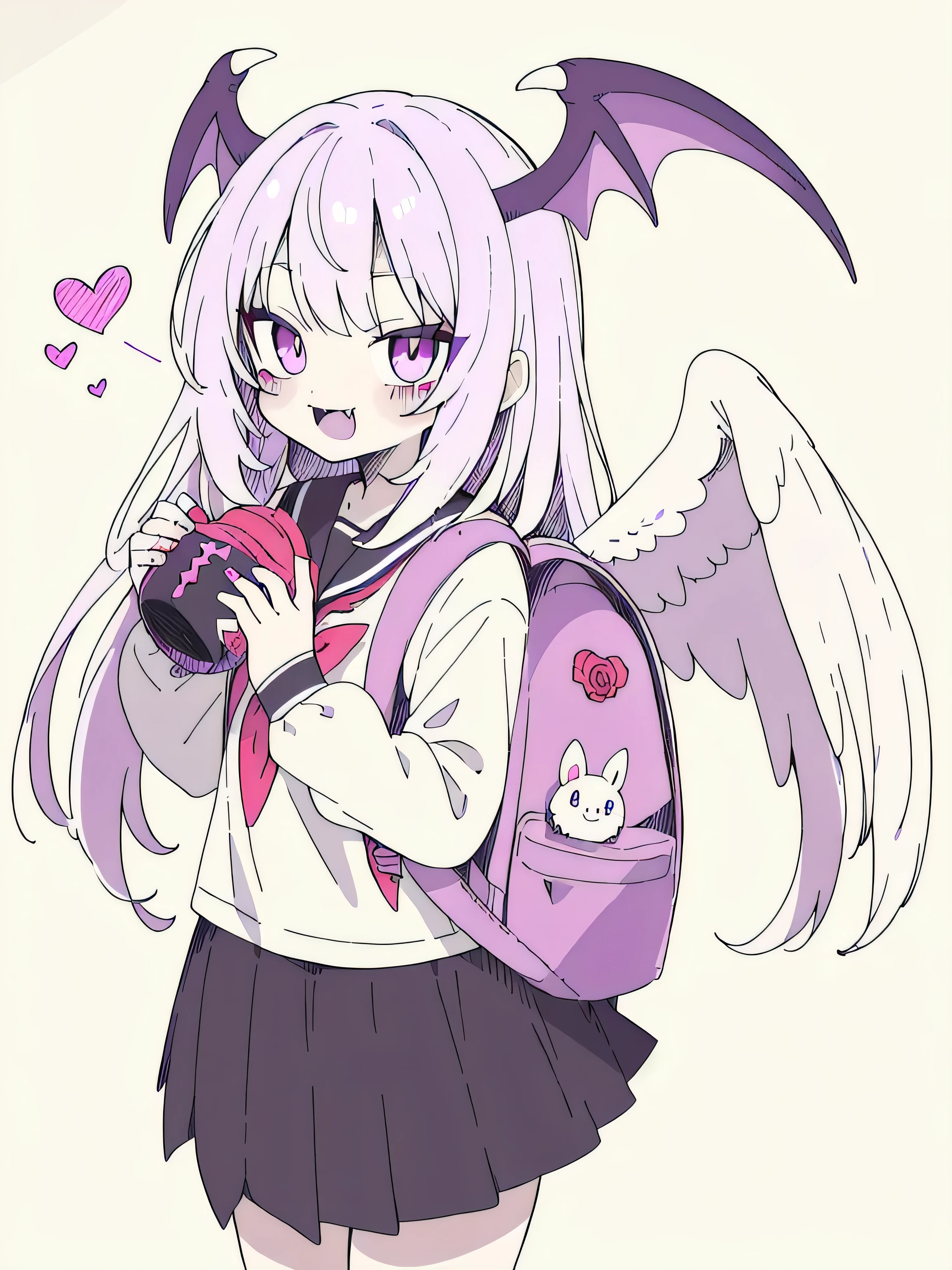 (best quality,ultrares,masterpiece:1.2) (sketch: 1.1) 1 vampire girl solo, , (black-themed serafuku), magenta eyes, Cute detailed face, detailed eyes, (long white hair), (simple purple background), (purple randoseru backpack), holding red roses, fangs, black wings