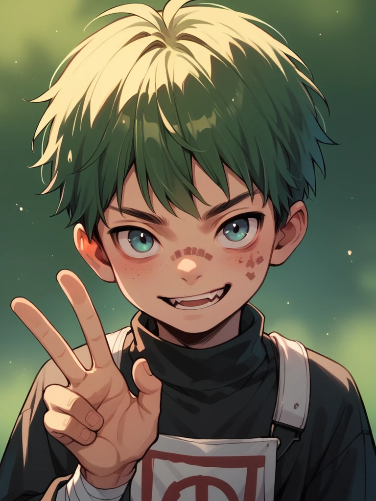 score_9, score_8_up, score_7_up, score_6_up, solo, 1boy, kid, metal hand sign, g4n1m3, portrait