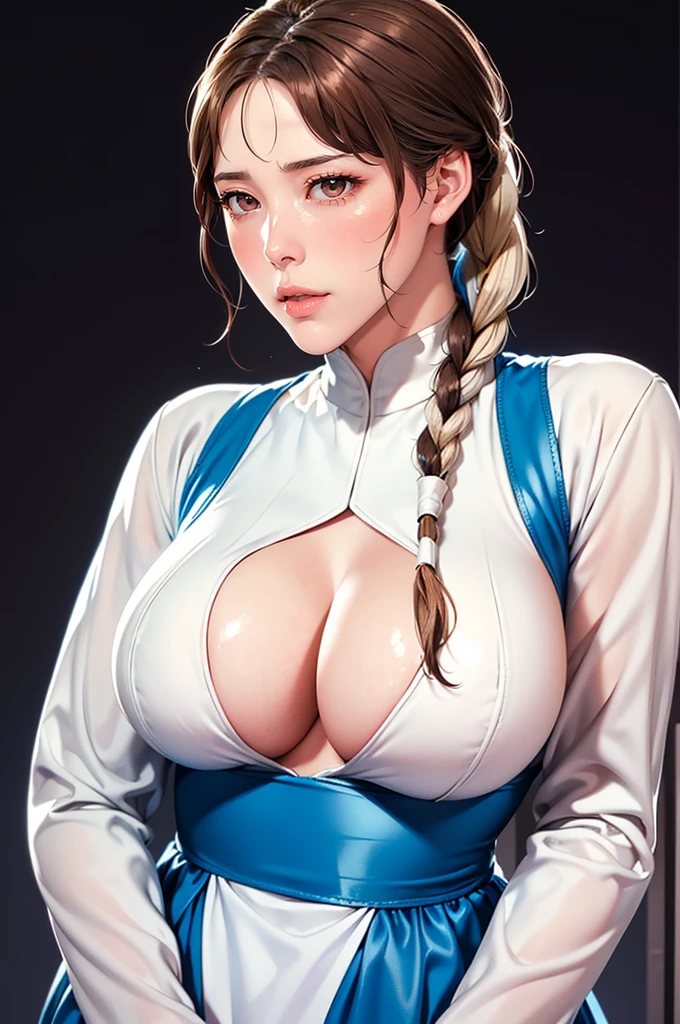 (((Perfect number,number,Solitary, White and tender skin,(((cyberpunk,Blue Dress,White loose coat,Long-sleeved coat,))),(((brown eyes, braid, long hair, braided ponytail, single braid, hair over shoulder, bangs, blush, lips)),high resolution, ((Best quality at best)),masterpiece,quality,Best quality,((( Exquisite facial features,looking at the audience,There is light in the eyes,(((open mouth,Part your lips))),型number:1.7))),(((light and shadow,enormous breasts))),(((Looking at the camera,black background,))))