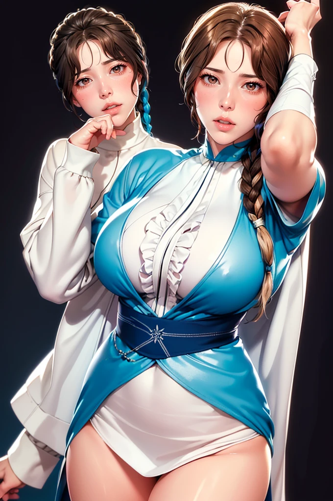 (((Perfect number,number,Solitary, White and tender skin,(((cyberpunk,Blue Dress,White loose coat,Long-sleeved coat,))),(((brown eyes, braid, long hair, braided ponytail, single braid, hair over shoulder, bangs, blush, lips)),high resolution, ((Best quality at best)),masterpiece,quality,Best quality,((( Exquisite features,looking at the audience,There is light in the eyes,(((open mouth,Part your lips))),型number:1.7))),(((light and shadow,enormous breasts))),(((Looking at the camera,black background,))))