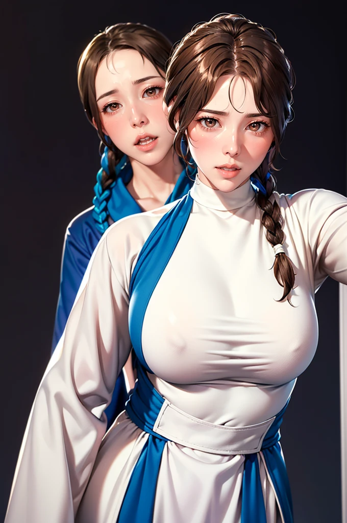 (((Perfect number,number,Solitary, White and tender skin,(((cyberpunk,Blue Dress,White loose coat,Long-sleeved coat,))),(((brown eyes, braid, long hair, braided ponytail, single braid, hair over shoulder, bangs, blush, lips)),high resolution, ((Best quality at best)),masterpiece,quality,Best quality,((( Exquisite facial features,looking at the audience,There is light in the eyes,(((open mouth,Part your lips))),型number:1.7))),(((light and shadow,enormous breasts))),(((Looking at the camera,black background,))))
