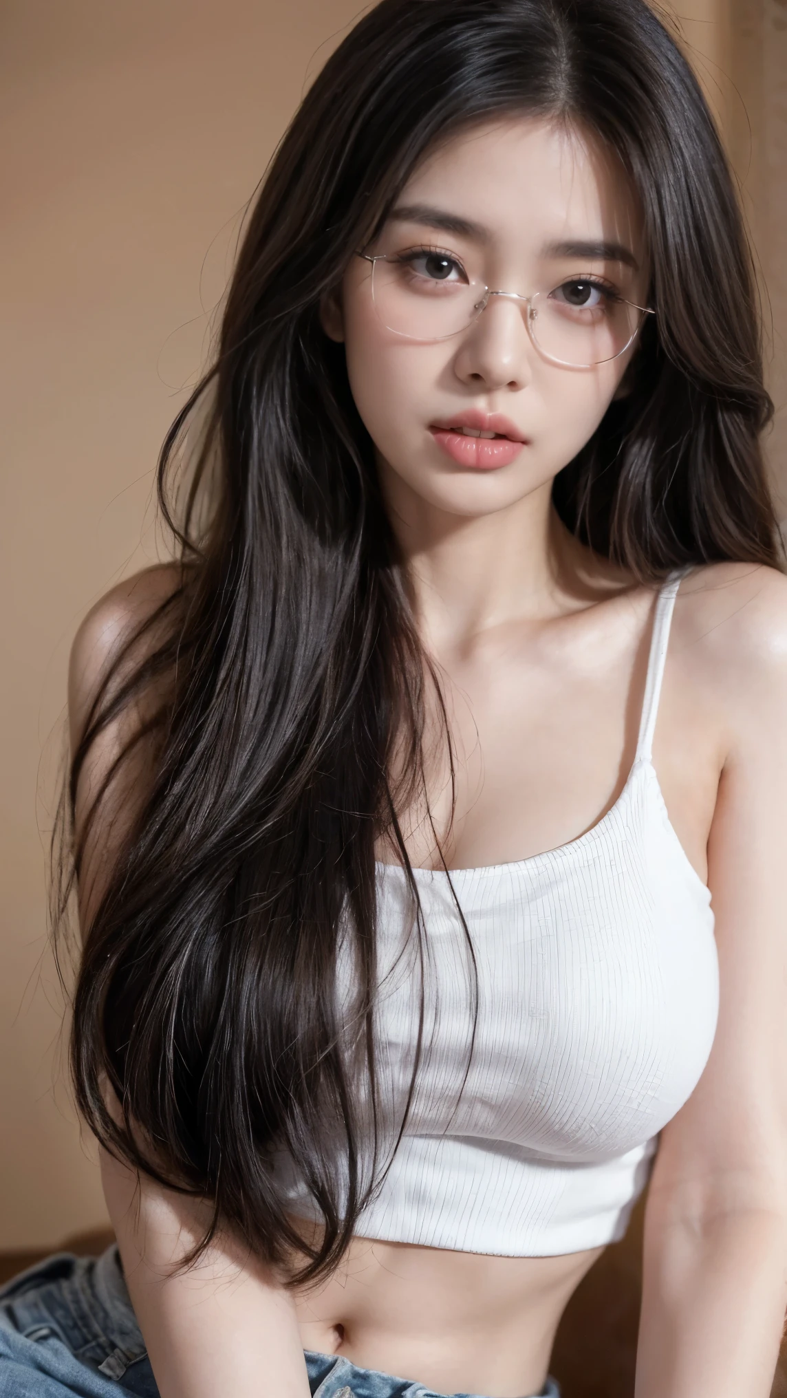 (((Masterpiece))), (((Best Quality: 1.4))), ((Super Detail: 1.4)), Original Photo, 21yo girl, long hair, dark hair, slightly tousled hair that frames her face. natural big breast, plumpy, Her expression is yawn sleepily, like waking up. Wearing round glasses that add a touch of intellectual charm. wear (dressed in a loose, dark-colored crop-top), giving her a casual and slightly disheveled look, (biting her lip:1.5). The lighting is soft and natural, with gentle shadows highlighting her facial features and the texture of her hair. The overall atmosphere should be serene and slightly nostalgic, (very detail:1.1).
