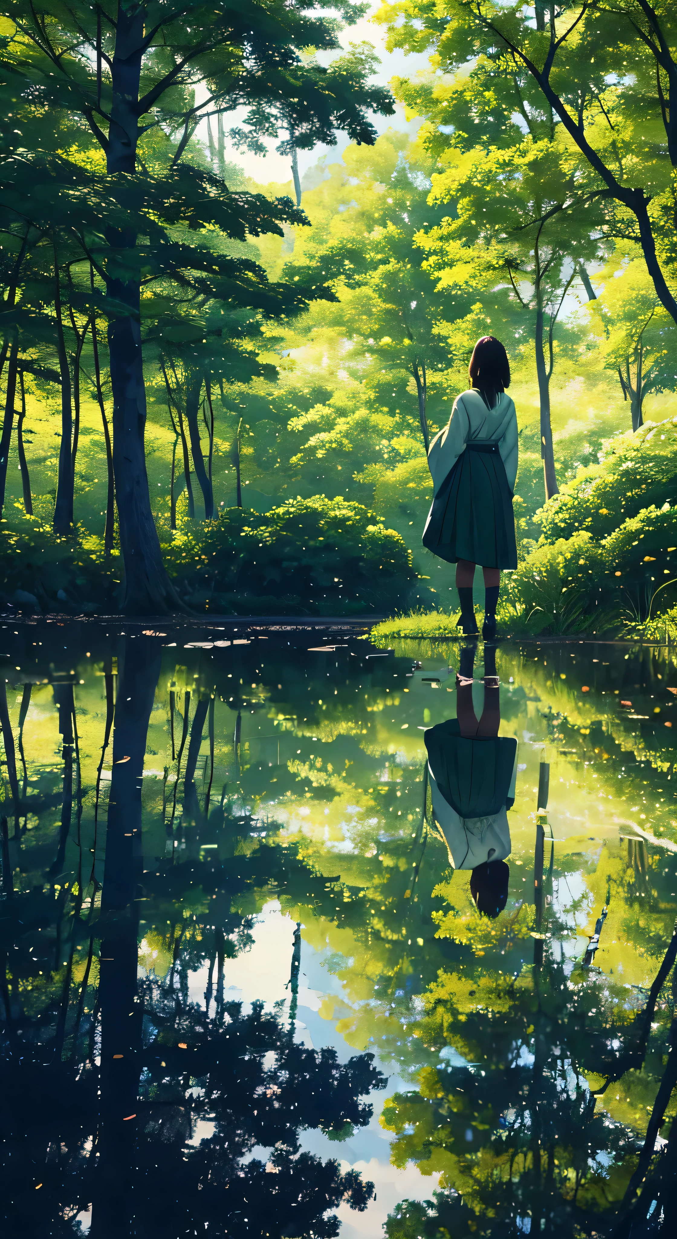 4K,Every green空 carries the promise of a new dawn, Paving the way for a beautiful beginning,Beautiful nature paintings. green,green空, green、A woman is reflected in the photo.、Back view