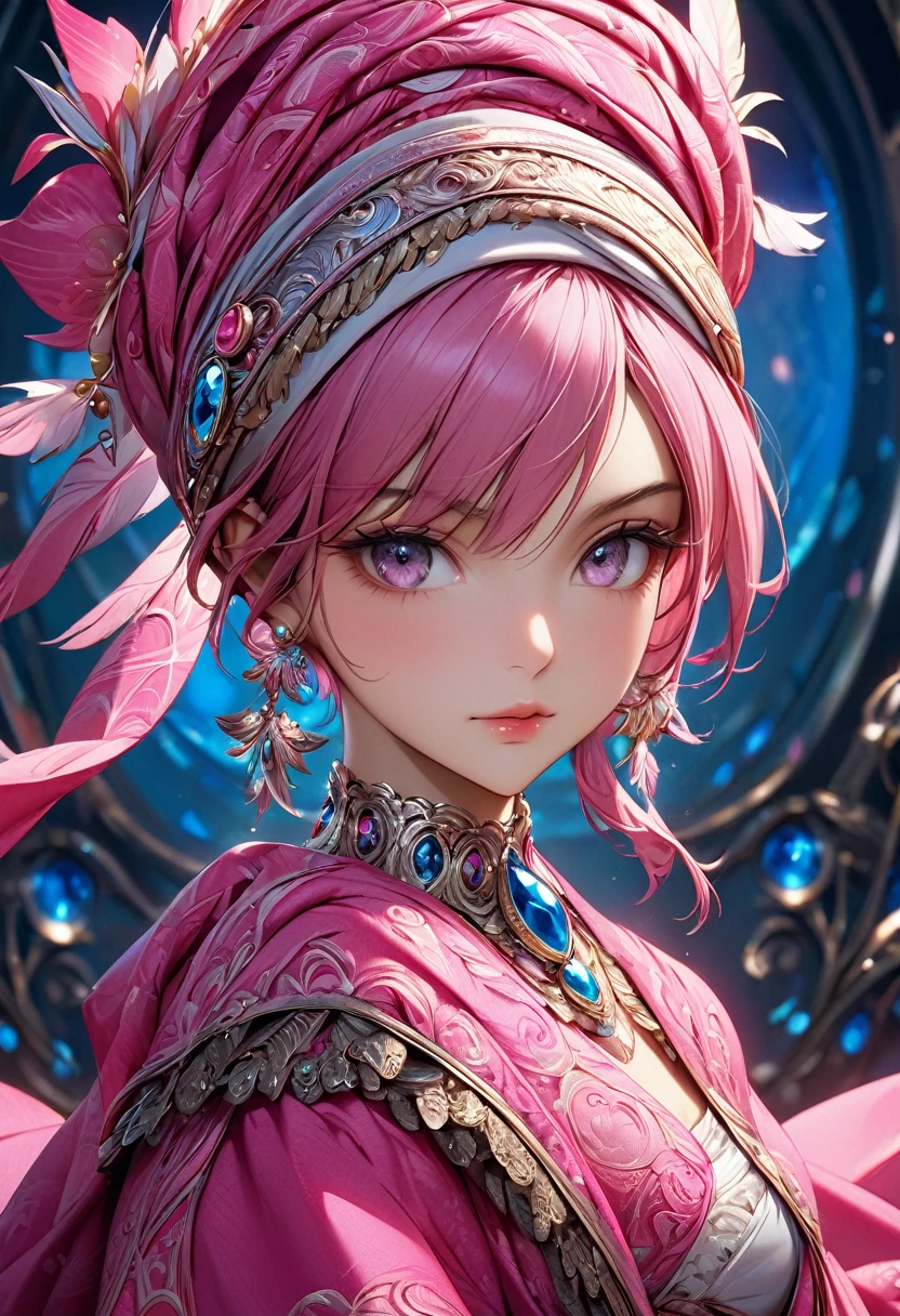 masterpiece, 8k, best quality, highly detailed, fantasy, headwrap made of pink fabric that has a jewel in the middle