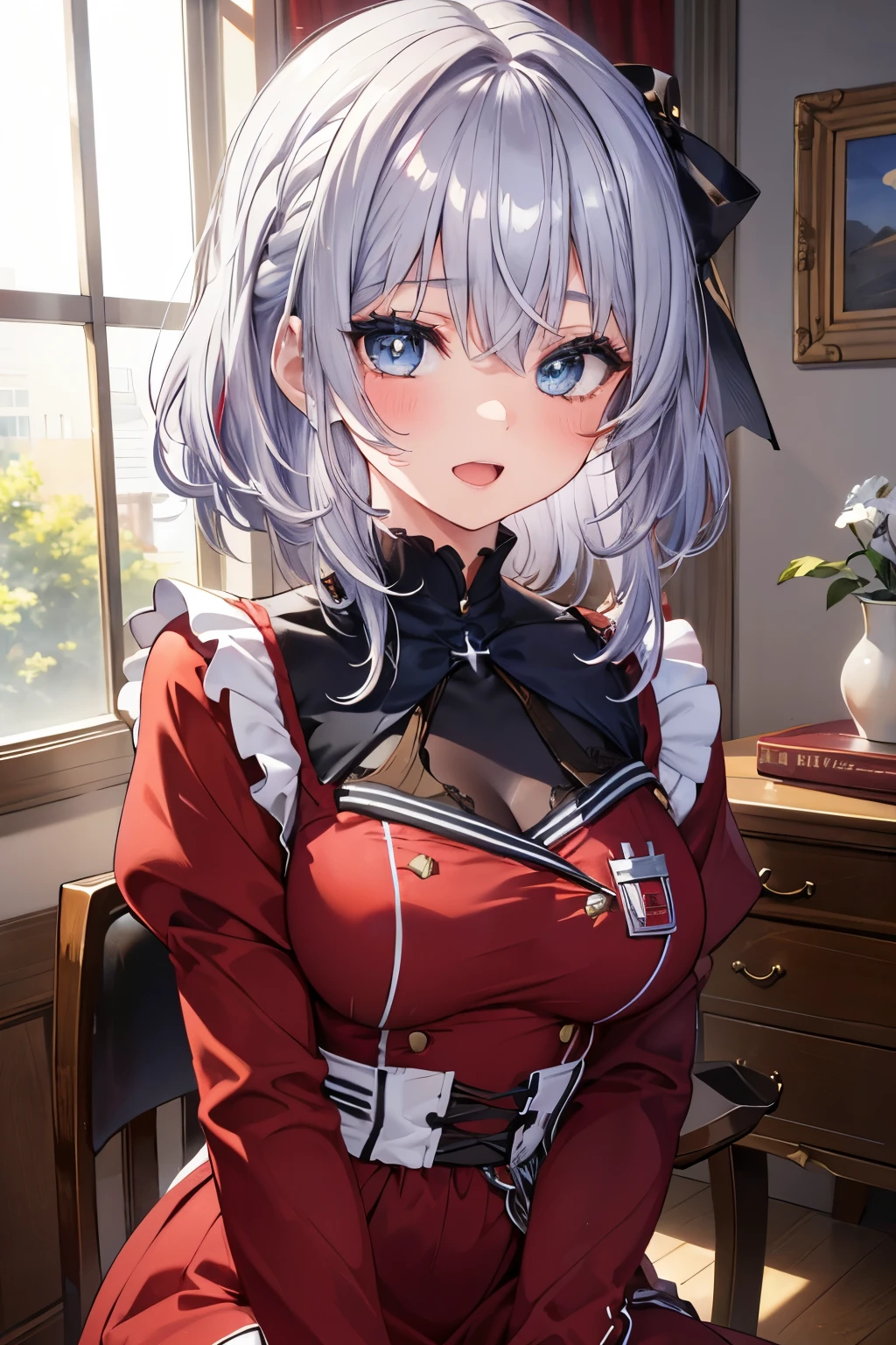 (Best quality,4K,8K,High resolution,Masterpiece:1.2),Super detailed,(Actual, Realistic),
break,
((Beautiful clear blue eyes:1.2)),very kind eyes,eyes wide open,beautiful eyelashes,beautiful lower eyelashes,
break,
((Beautiful and shiny silver hair:1.3)),hairstyle side braid,A dazzling smile, a bursting smile, an open mouth laugh,
break,
red dress,black ribbon,
break,
very happily,((bust shot)),((zoom in)),Room with classic furniture,desk and chair