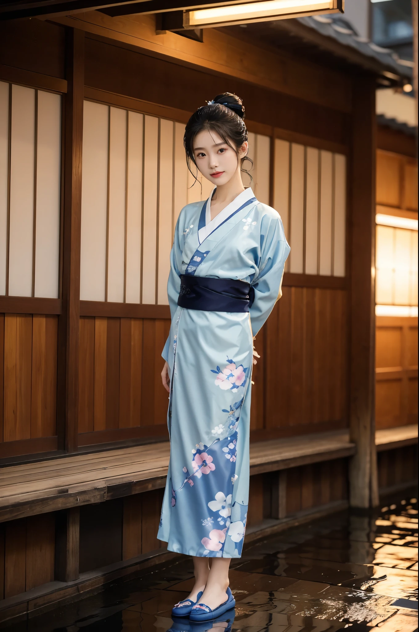 (((best quality))),(((ultra detailed))),(((masterpiece))),illustration,((1 beautiful Japannese girl,solo)),(neat bun:1.2),((slim,thin)),((small breasts,flat chest)),(in izakaya:1.3),(summer:1.2),(rainy:1.3),(indoor:1.2),(night scene:1.3),(wet:1.3),(collar:1.2),(blue floral yukata:1.3),(hakama:1.2),porcelain skin,(slender legs:1.2),(loafers:1.2),rouge,dimly lit,warm glow,ethereal,(standing:1.3),(arms behind back:1.2),sake bottle,half-empty glass,tray,grilled fish,steamed vegetables,half-eaten,melancholic smile,storm,solitude,enigmatic aura,tranquility,chaos,simplicity,mysterious,captivating,((from front,full body))