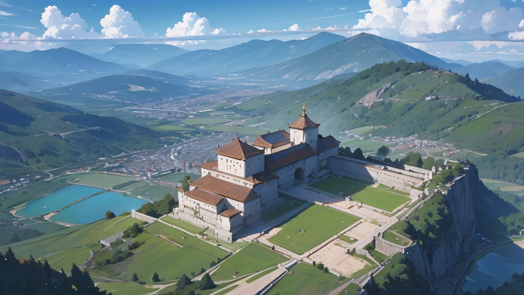 Natural beauty, Ancient village of Andorra. The Stream. cloud, Temple. Mountain. Lake, View from the air, mystical beauty, 8k
