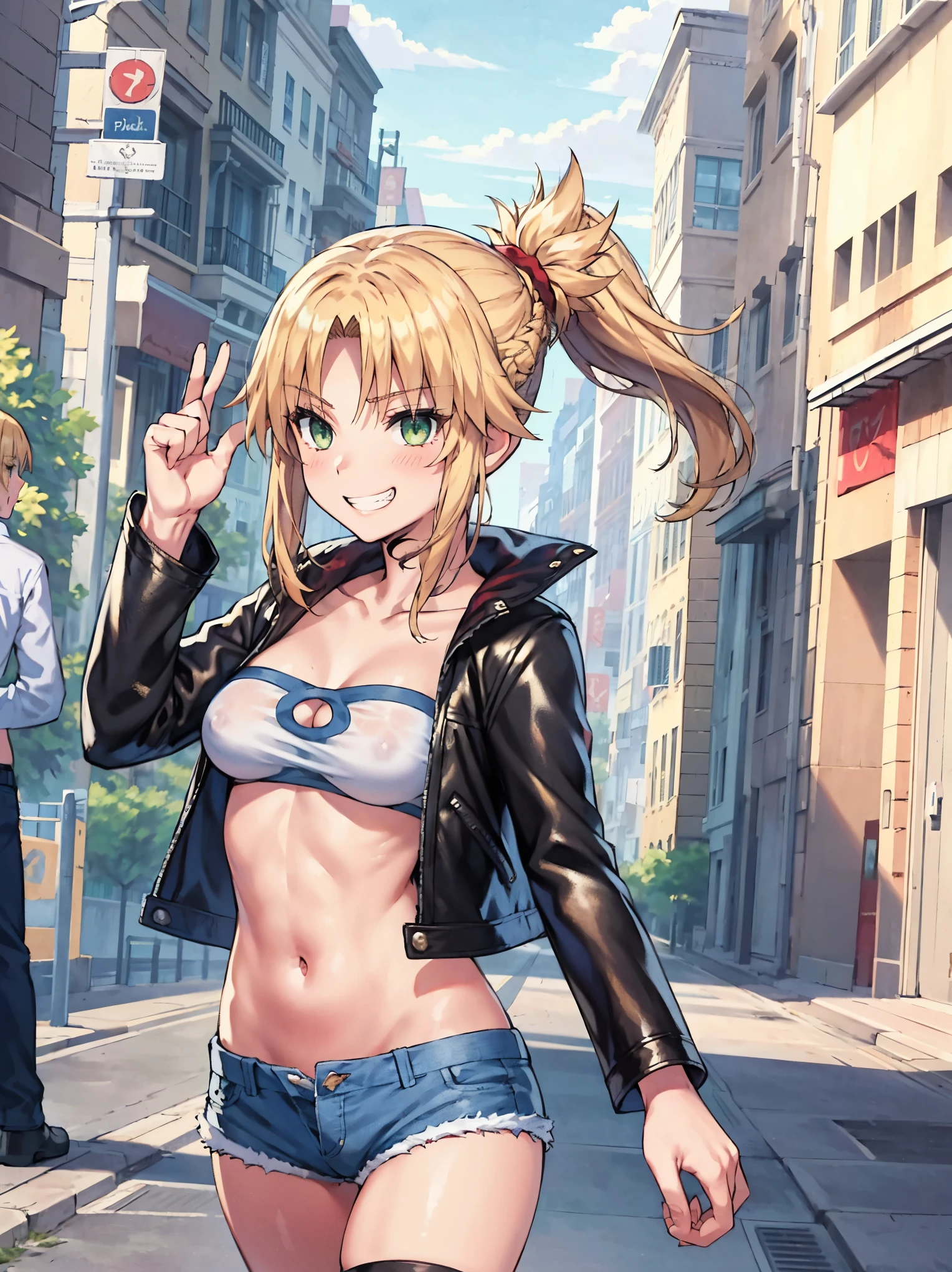 Masterpiece, Best Quality, illustration, city_street_landscape, 1girl, Mordred \(fate\), cowboy shot, collarbone, Detailed blond hair ponytail braid, green eyes, Red leather jacket, White short blouse, denim shorts,navel,thigh-high,grin, covered_pussy,skiny,happy,