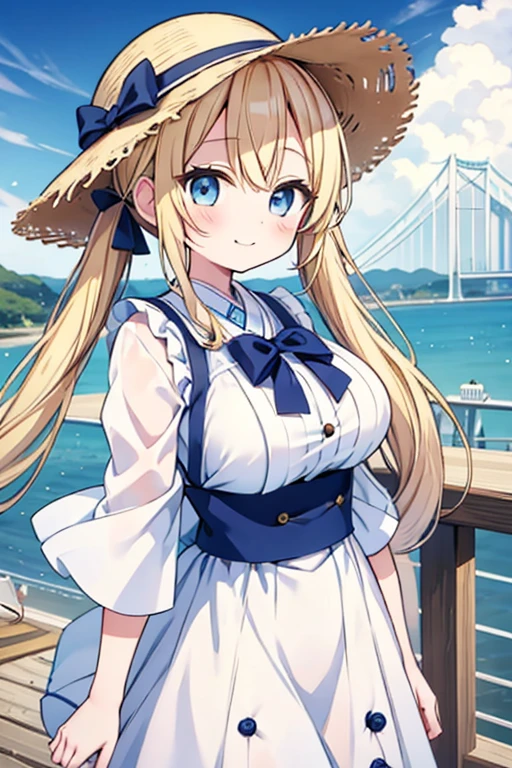 Blonde with blue eyes、ta、Large Breasts、Twin tails、Girl Brat,Large Breasts,Cute eyes,Puffy eyes,Akashi Kaikyo Bridge,Japan,Hyogo,Smile,enjoy,Straw hat,