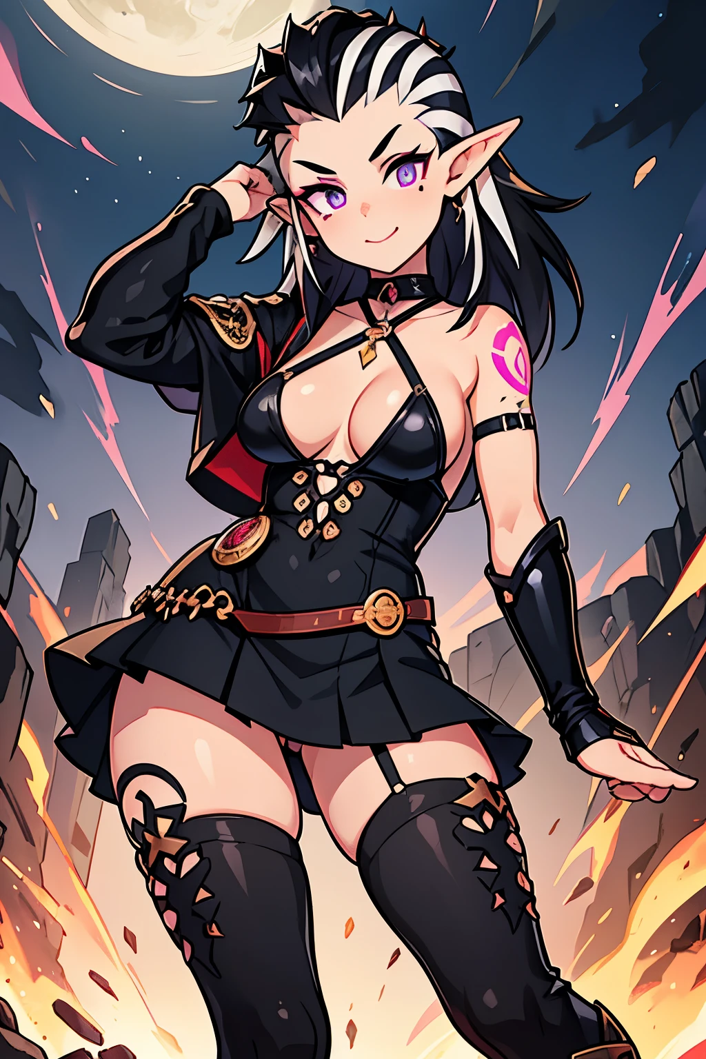 ultra detailed, anime girl, full-body portrait, leather armor, half-elf, raven black fauxhawk hairstyle with shaved sides, heavily freckled face, nose ring, dark red eyeshadow, single slashing scar across left cheek, opal colored eyes, coy smile, faded black and white neck tattoo of a beholder from dungeons & dragons