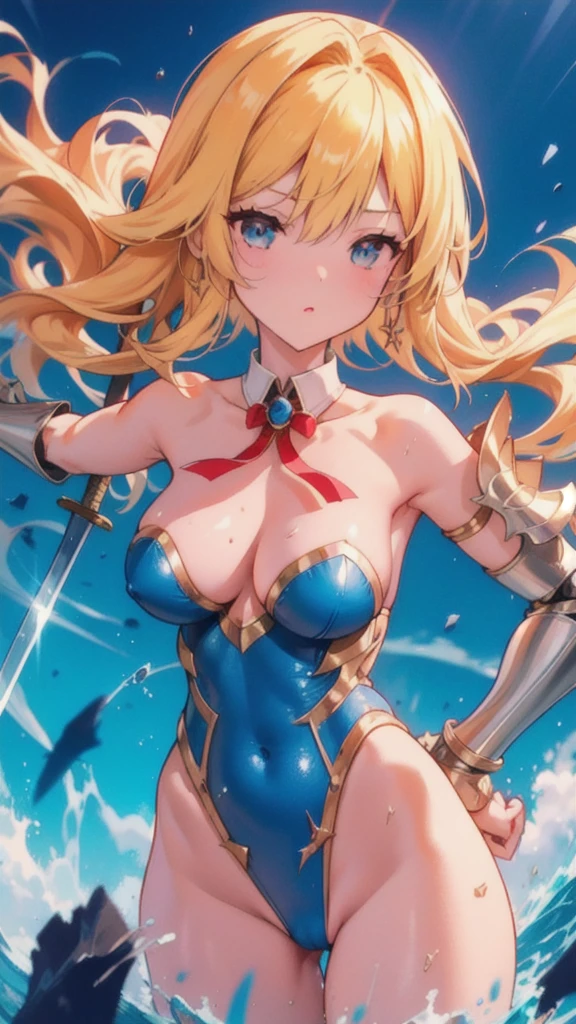 (((highest quality、masterpiece、normal body、8k、detailed face、ultra precision、normal hand、normal finger、5This finger、supreme)))female hero、human、blonde、Silver Breastplate、Racy blue leotard、white pareo、Holy Sword Excalibur、((slave collar、Shattered armor、Tattered leotard、broken armor、Torn leotard、Leotard with holes))、Holy Sword Cut in Two