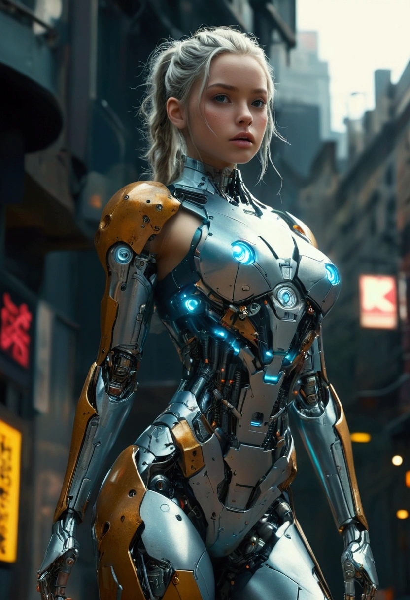 (low angle shot:1.5), (full body shot:1.2), cyberpunk style, 1girl, cybernatic body, semi-human,mechanical arm, full body cyberwear, wastelands, cinematic Hollywood film, highly detailed, masterpiece, octane render, 8k, photorealistic, 