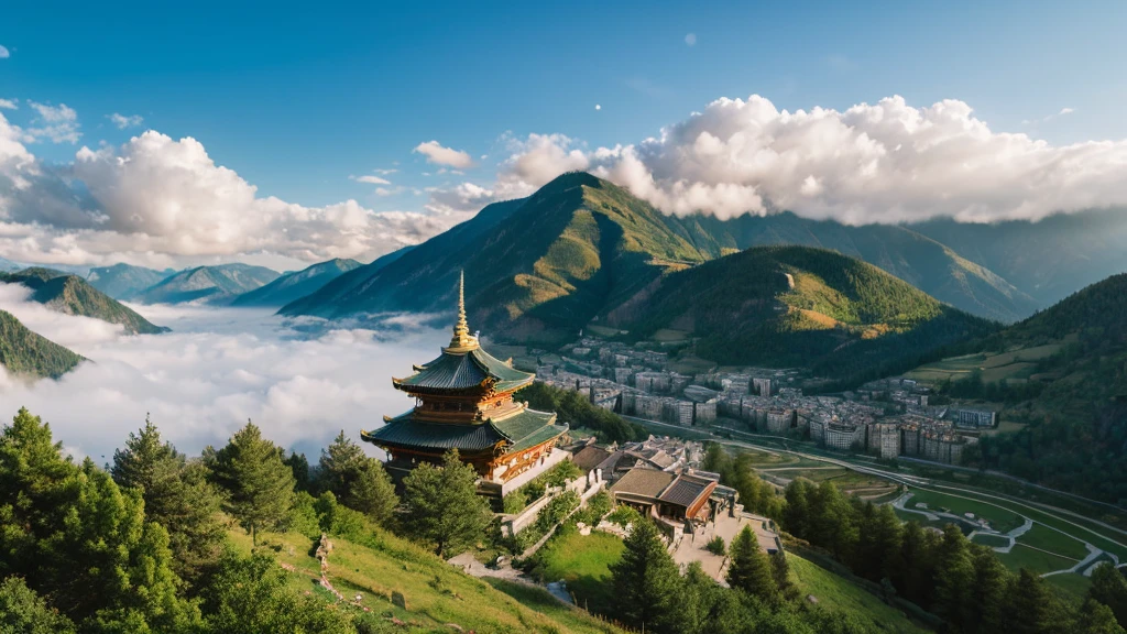 Natural beauty, Ancient village of Andorra.  The Stream. cloud, Temple.  Mountain. Lake, View from the air, mystical beauty, 8k