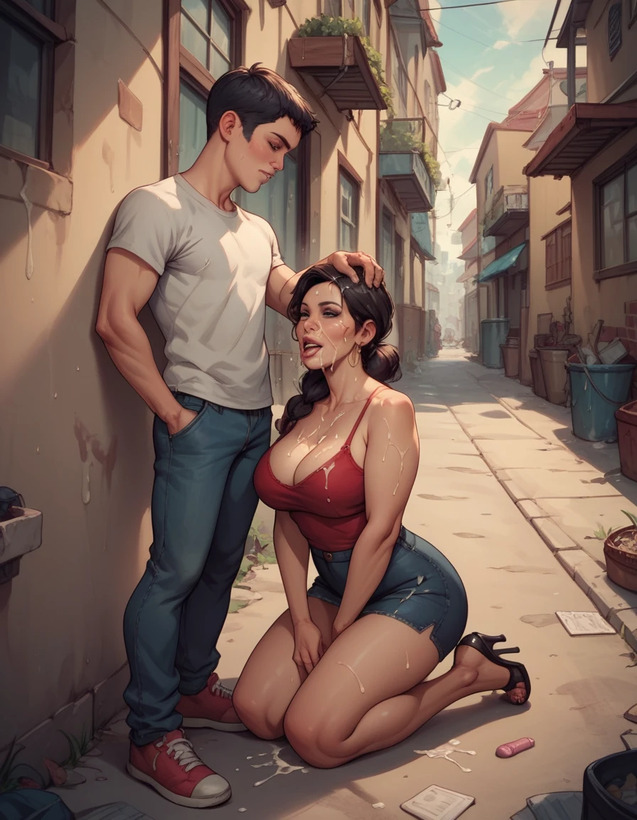 a whore standing in front of a brothel near Streetlight, completely naked, nude, slim body, beautiful body, small breasts, brown nipples, vagina, laiba, sweaty body, classic oil painting, highly detailed, cinematic lighting, dramatic shadows, moody atmosphere, warm colors, Renaissance style, masterpiece, best quality, 8k, hyperrealistic, volumetric lighting, chiaroscuro, dramatic pose, piercing gaze, sultry expression, intricate details, naked whore, weathered architecture, cobblestone street, gaslight lanterns, foggy night, dramatic silhouette, 1 boy, standing behind her, boy grabbing whore her ass, his hands on her ass groping, staring at her ass with hungry eyes