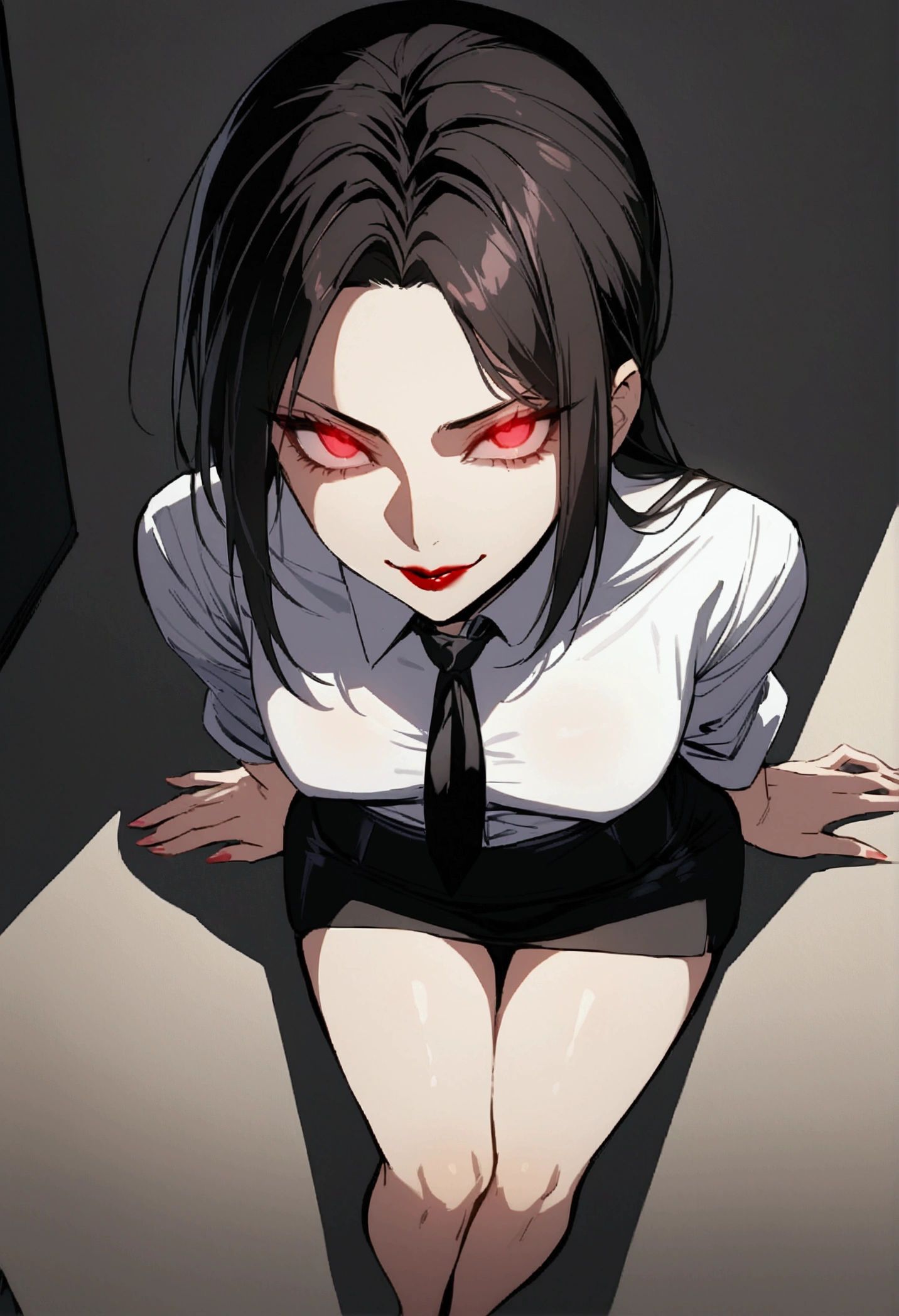 juri han, work of art, tight white secretary shirt with black tie, black high waist skirt, short skirt,stocking, black hair, black tightscary sun,office,bangs on the eyes,Lighting, hair with purple details,view from above,staring overhead,evil smile,sitting,cross legs,red eyes glowing,red lips,The eyes,pussy,seducing smile
