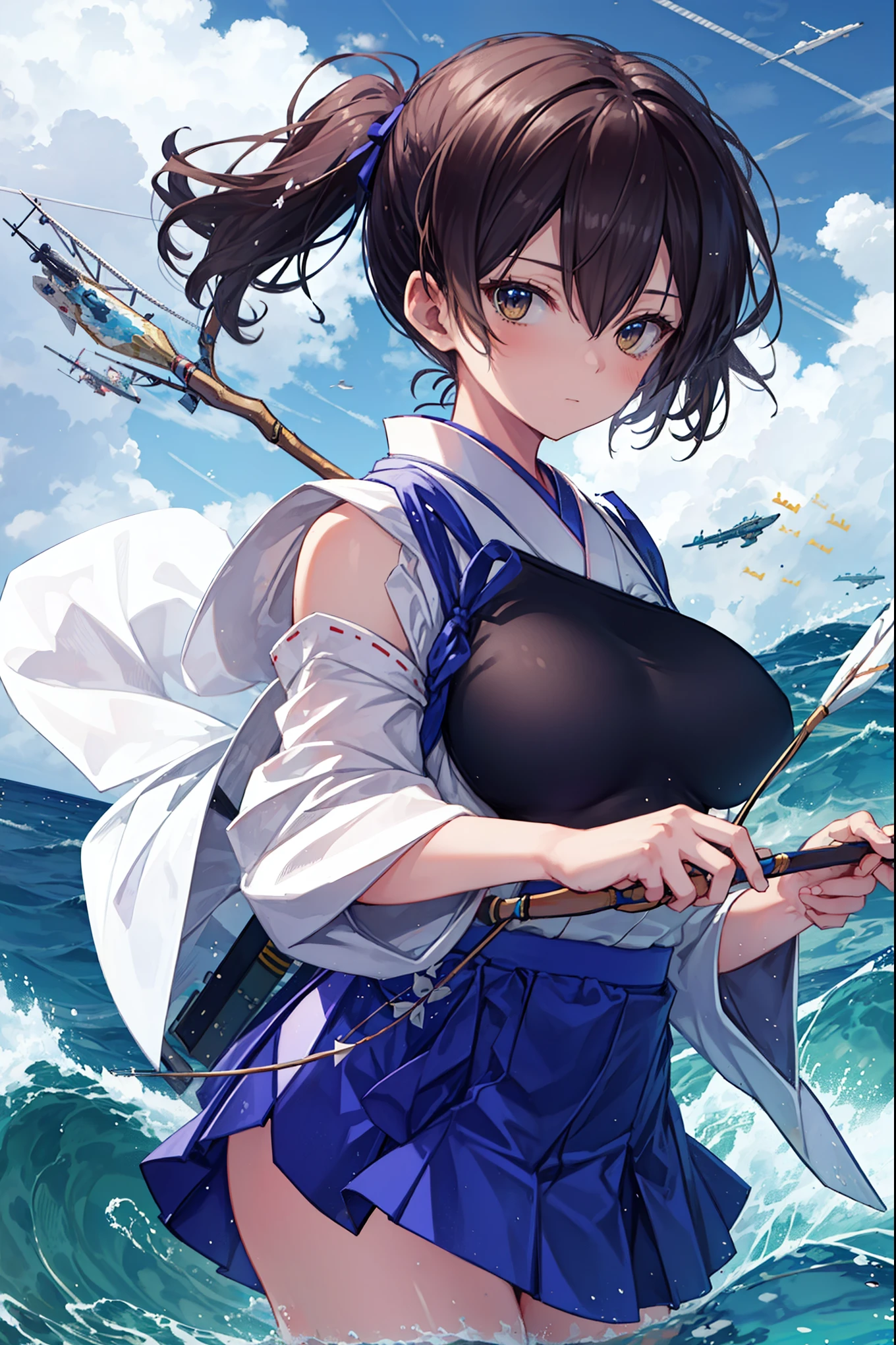 Kaga(Fleet Collection),highest quality, masterpiece, High resolution,kimono,blue skirt,side ponytail,big_breasts,solo,Japanese_bow&arrow,dynamic_posing,half_eyes,solo,plump,sea_landscape_background,waves