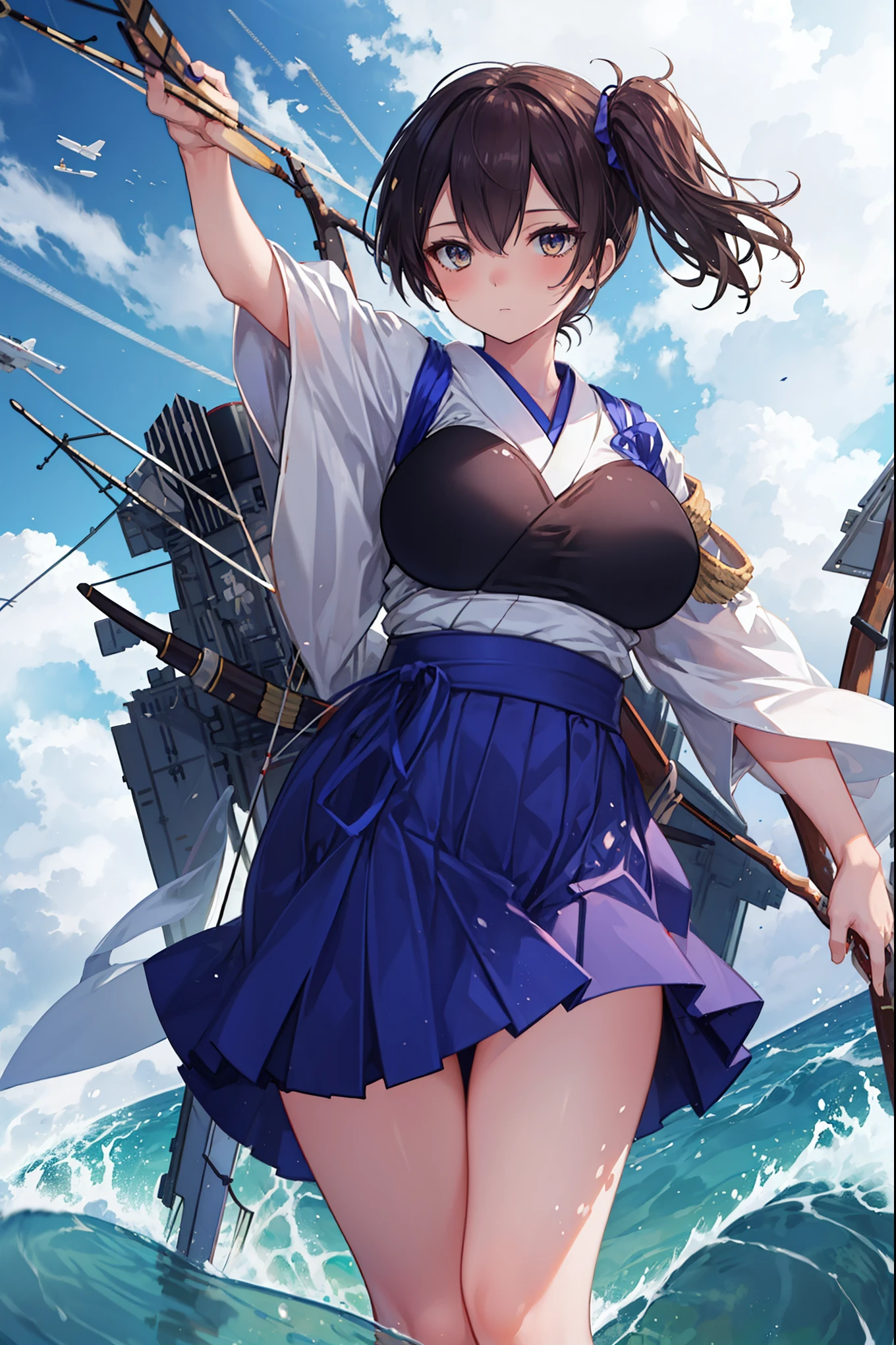 Kaga(Fleet Collection),highest quality, masterpiece, High resolution,kimono,blue skirt,side ponytail,big_breasts,solo,Japanese_bow&arrow,dynamic_posing,half_eyes,solo,plump,sea_landscape_background,waves