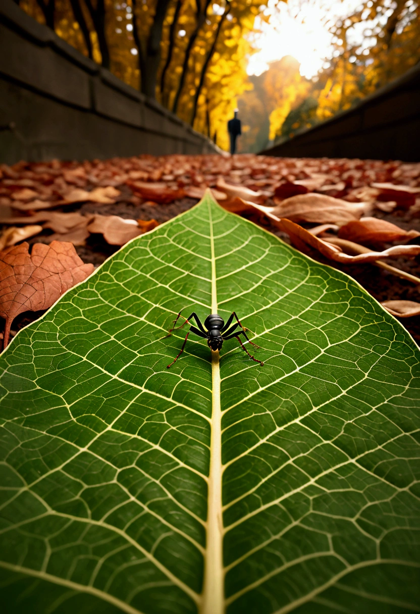 (Low Angle Shot:1.2), From the perspective of a fallen leaf, an ant is walking along the veins of a leaf, with a complex network of veins behind it, as if it were a huge maze. The background is a blurry autumn park scenery, with warm toned light shining through the gaps between the leaves, creating a warm and mysterious atmosphere, captivating chiaroscuro, dynamic movement, full body, award-winning, cinematic still, emotional, vignette, dynamic, vivid, (masterpiece, best quality, photorealistic, Professional, perfect composition, very aesthetic, absurdres, ultra-detailed, intricate details:1.3)