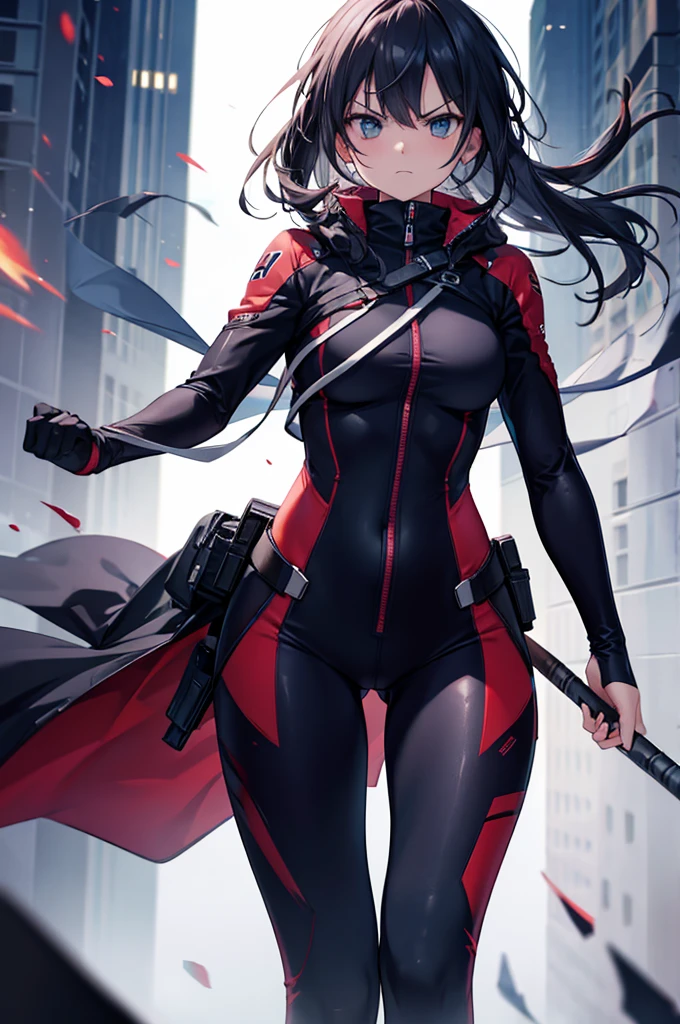 assassin, solo, angry, girl, body suit, standing