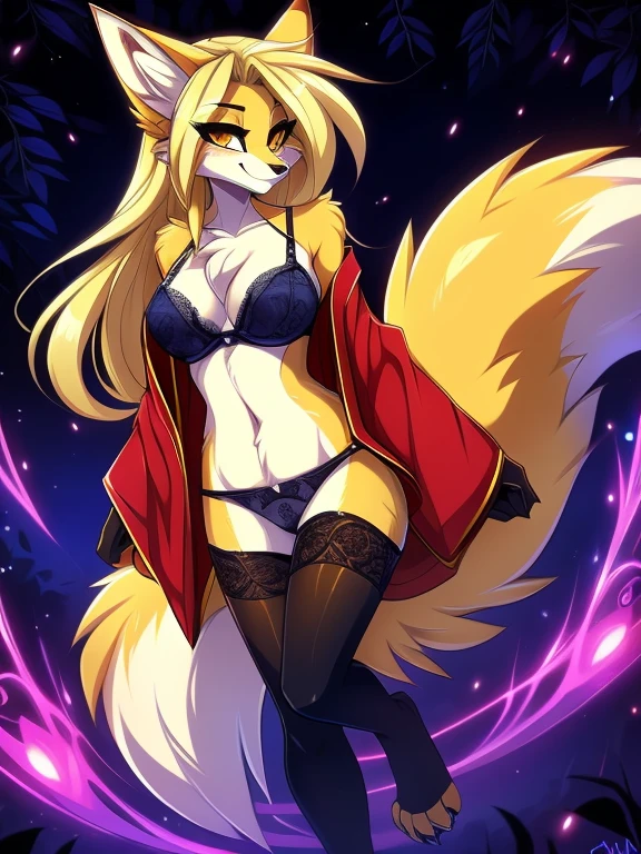 by fluff-kevlar, by ouka, by Kilinah, (((woman, breasts, antrum, extremely detailed, extremely detailed legs, extremely detailed arms, extremely detailed face, perfectly detailed eyes, perfectly detailed anatomy))): 1.2, beautiful and detailed portrait of an anthropomorphic vixen ((female))), anthro, female, fox, high definition, good anatomy, yellow fur, yellow body, simple background, highly detailed face, deep yellow iris, yellow eyes, yellow hair, long hair, kitsune, multiple tails, dark lighting, moody lighting, full body, sexy body, slanky body, sexy face, nice, hot, cute, pawpads, paws, showing feet, magical levitating, night, blushing, friendly smile, smile, friendly, elegant, dark, mysterious, alluring, beautiful, thigh highs, purple yukata, bra, underwear