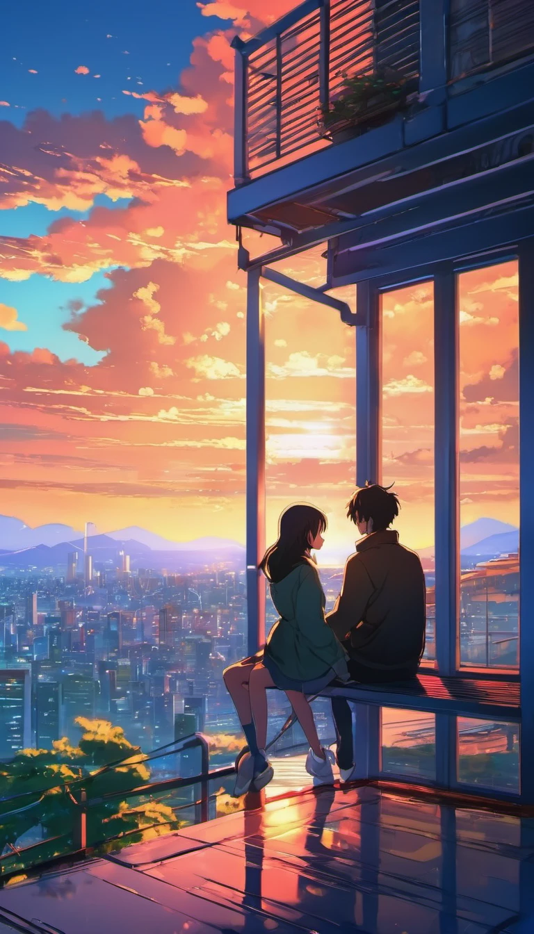 anime couple sitting on a balcony watching the sunset, watching the sun set. anime, lofi artstyle, anime background art, anime style cityscape, beautiful anime scene, lofi art, in style of makoto shinkai, 4 k manga wallpaper, makoto shinkai cyril rolando, hd anime cityscape, ilya kuvshinov landscape, 4k anime wallpaper