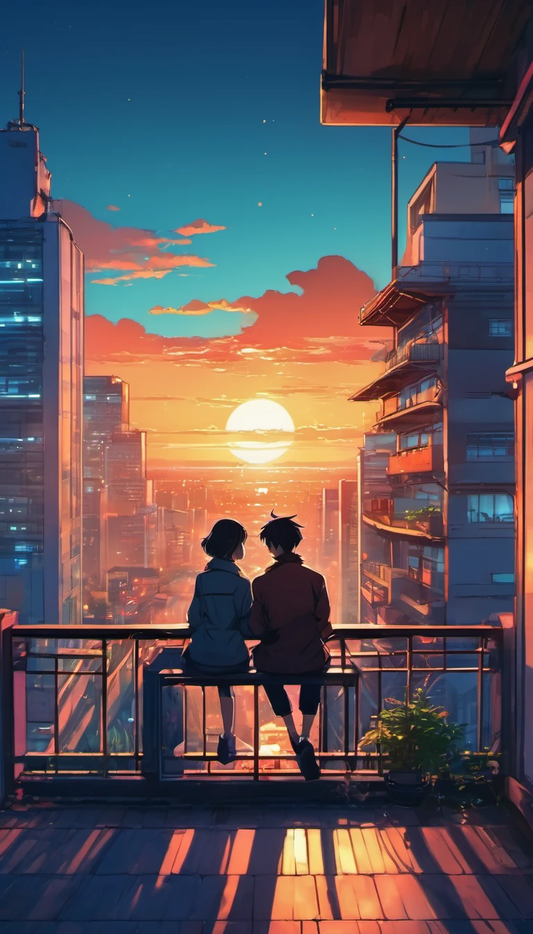 anime couple sitting on a balcony watching the sunset, watching the sun set. anime, lofi artstyle, anime background art, anime style cityscape, beautiful anime scene, lofi art, in style of makoto shinkai, 4 k manga wallpaper, makoto shinkai cyril rolando, hd anime cityscape, ilya kuvshinov landscape, 4k anime wallpaper