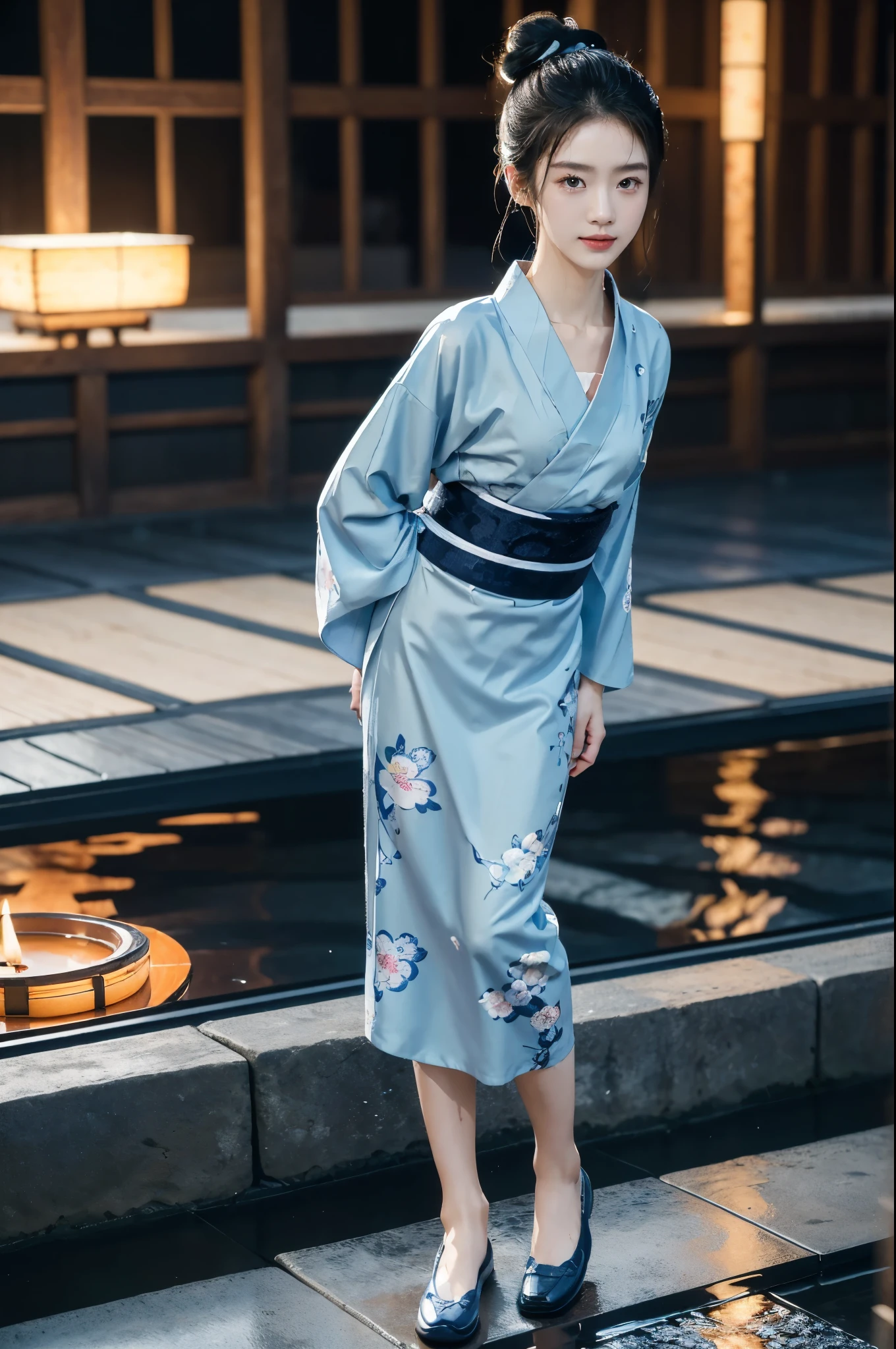 (((best quality))),(((ultra detailed))),(((masterpiece))),illustration,((1 beautiful Japannese girl,solo)),(neat bun:1.2),((slim,thin)),((small breasts,flat chest)),(in izakaya:1.3),(summer:1.2),(rainy:1.3),(indoor:1.2),(night scene:1.3),(wet:1.3),(collar:1.2),(blue floral yukata:1.3),(hakama:1.2),porcelain skin,(slender legs:1.2),(loafers:1.2),rouge,dimly lit,warm glow,ethereal,(standing:1.3),(arms behind back:1.2),sake bottle,half-empty glass,tray,grilled fish,steamed vegetables,half-eaten,melancholic smile,storm,solitude,enigmatic aura,tranquility,chaos,simplicity,mysterious,captivating,((from front,full body))
