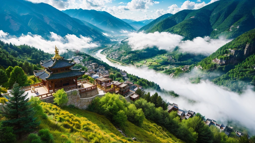 Natural beauty, Ancient village of Andorra.  The Stream. cloud, Temple.  Mountain. Lake, View from the air, mystical beauty, 8k