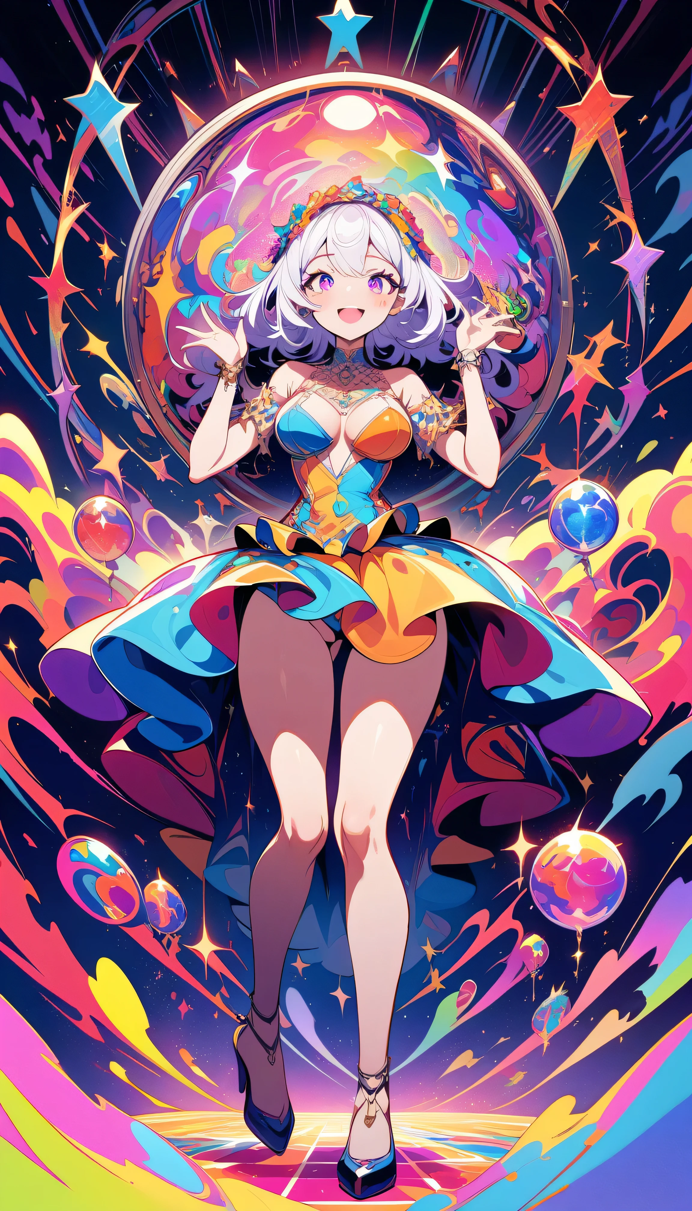 ((best quality)) , ((masterpiece)) , (detailed),A full body illustration of an American female character in the style of Hearthstone card art, dancing on a disco dancefloor with a big glittering mirror ball overhead. She wears purple and gold and has white hair. Her hands are up as if to talk to someone, with a happy expression. The background is colorful with vibrant colors and high contrast. It is a low angle shot with a wide lens. ,psychedelic style . vibrant colors, swirling patterns, abstract forms, surreal, trippy